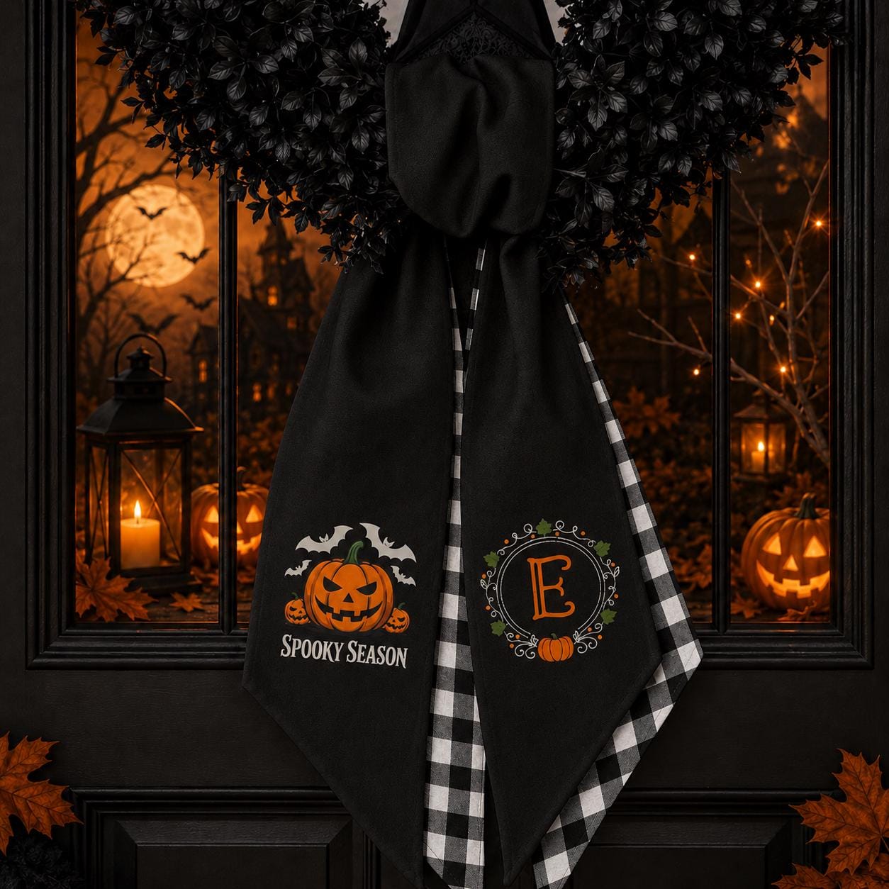 Spooky Pumpkin Embroidered Wreath Sash – Custom Initial Halloween Door Decor