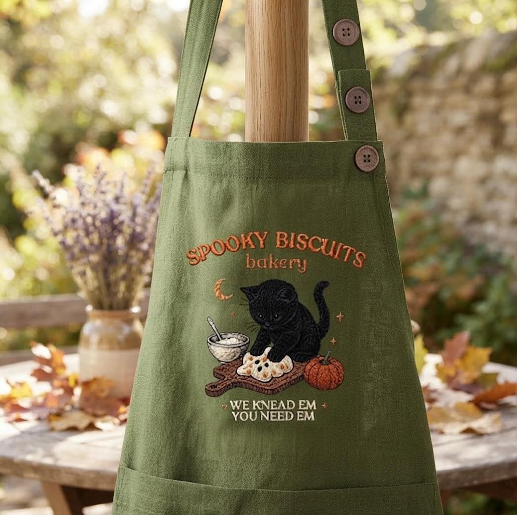 Spooky Kitty Black Cat Chef Embroidered Linen Apron – Halloween Baking Gift