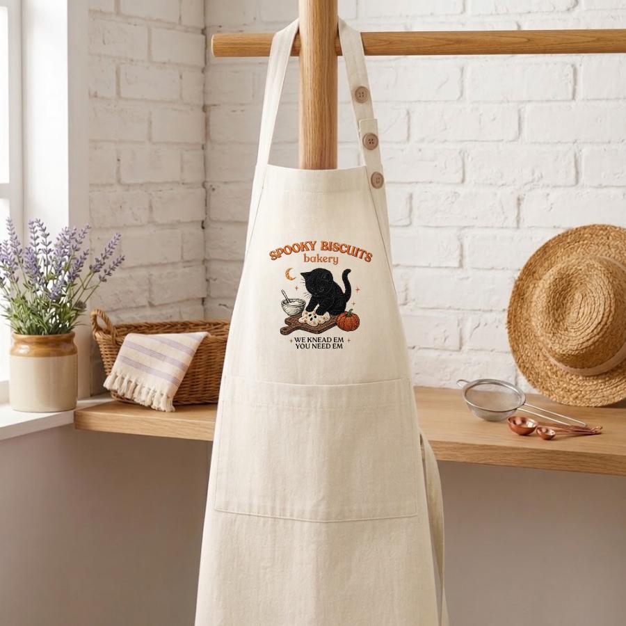 Spooky Kitty Black Cat Chef Embroidered Linen Apron – Halloween Baking Gift