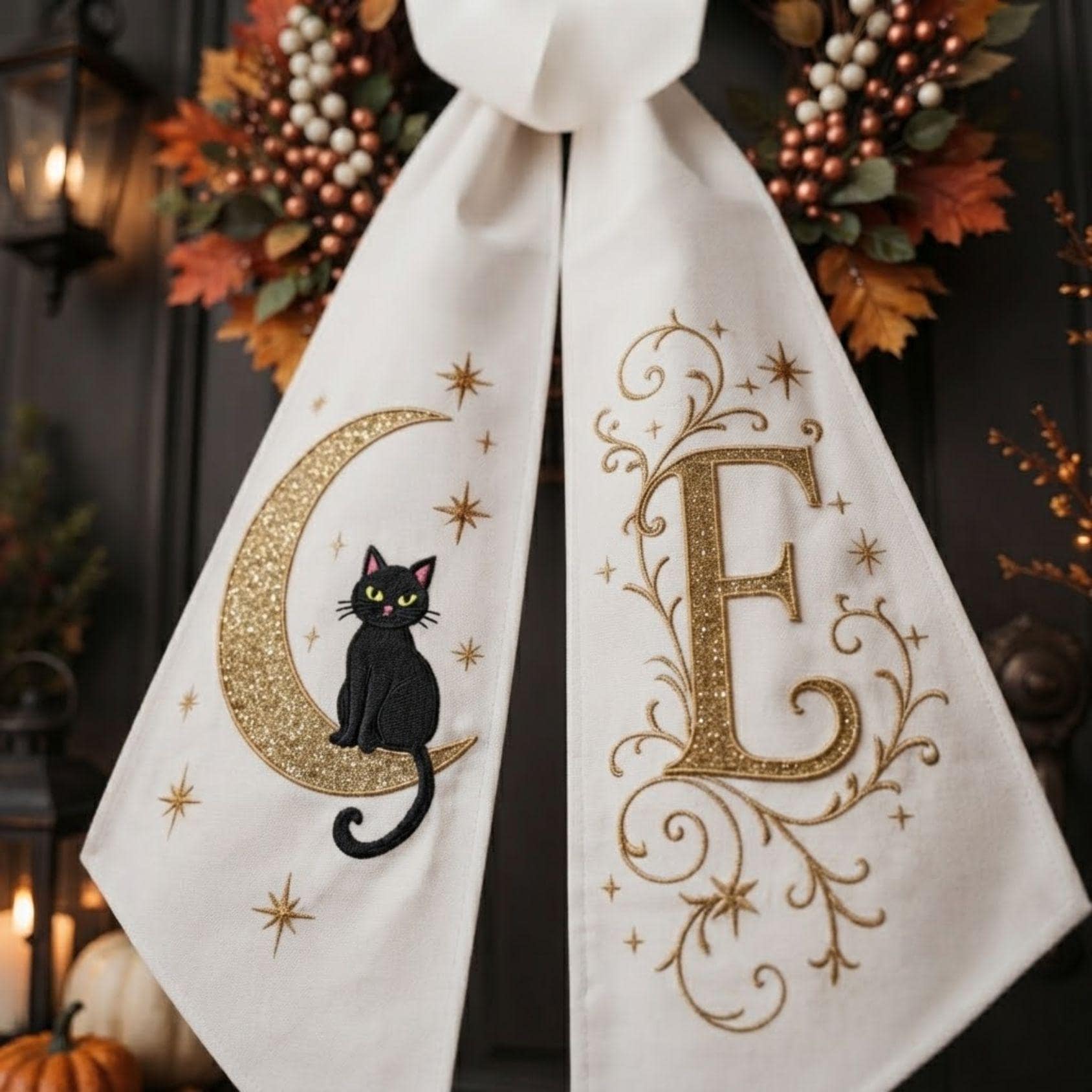 Glitter Crescent Moon Black Cat Halloween Wreath Sash Door Decor Applique Custom Front Glitter Crescent Moon Black Cat Halloween Wreath Sash Door Decor Applique Custom Front