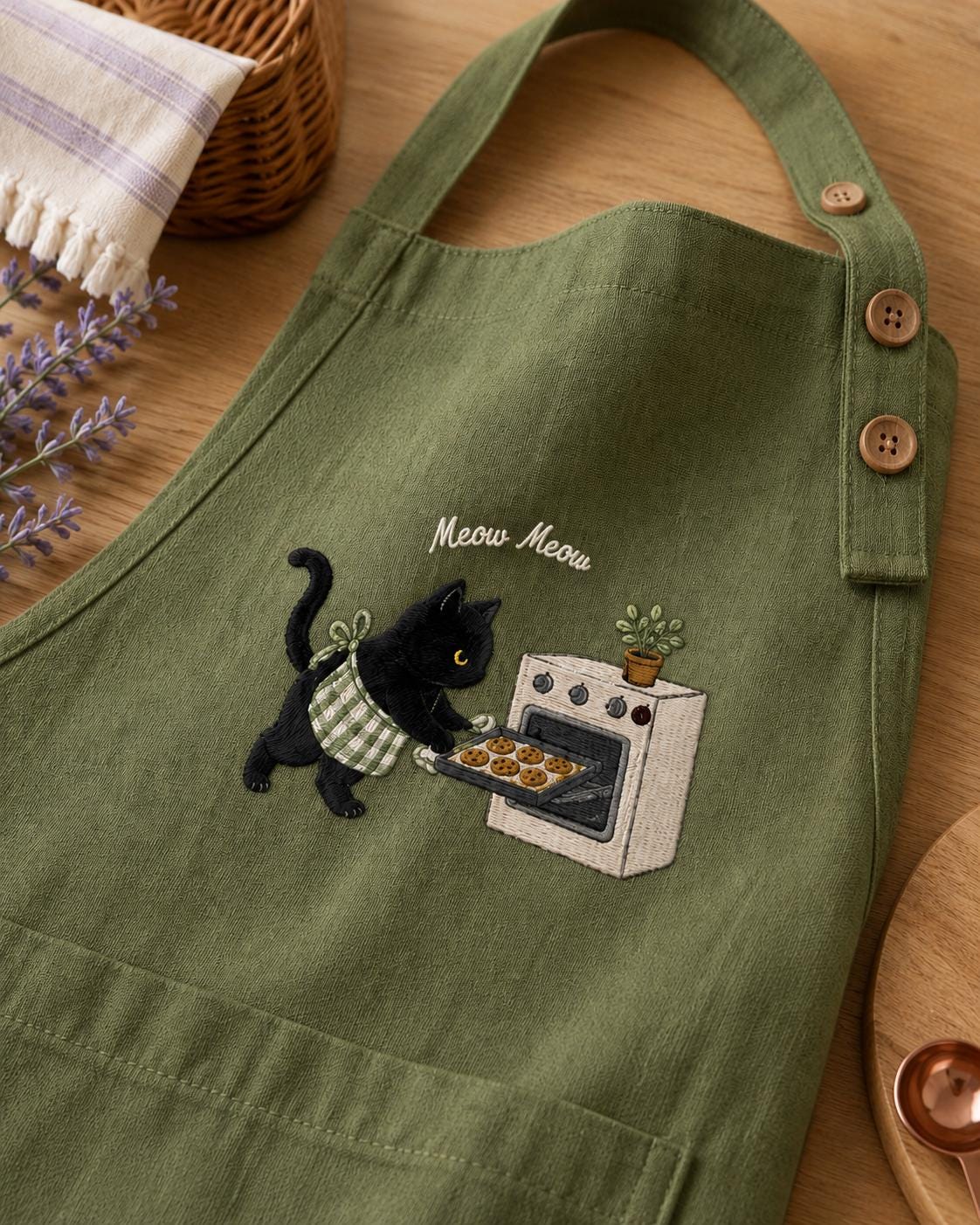 Black Cat Embroidered Apron – Custom Name Baking Gift for Cat Lovers