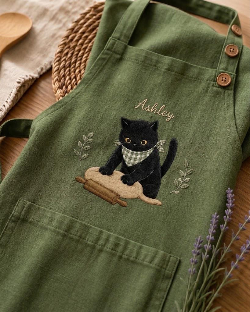 Cute Black Cat Chef Embroidered Linen Apron – Custom Name Kids Baking Gift