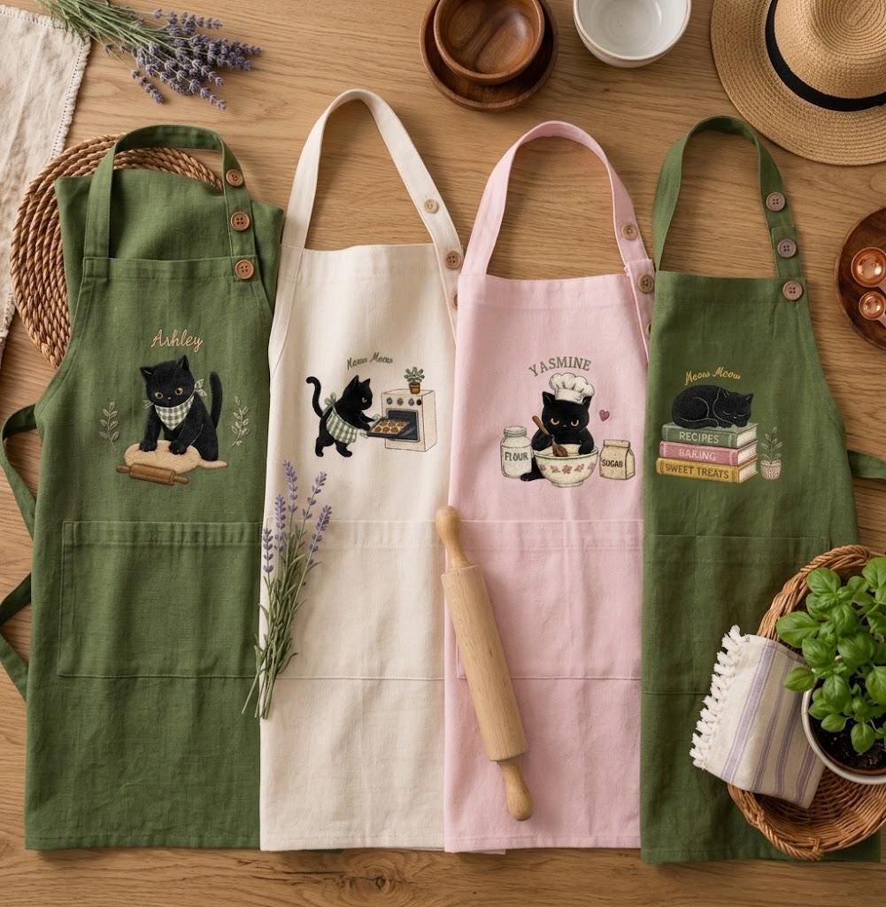 Cute Black Cat Embroidered Linen Apron – Custom Name Baking Gift