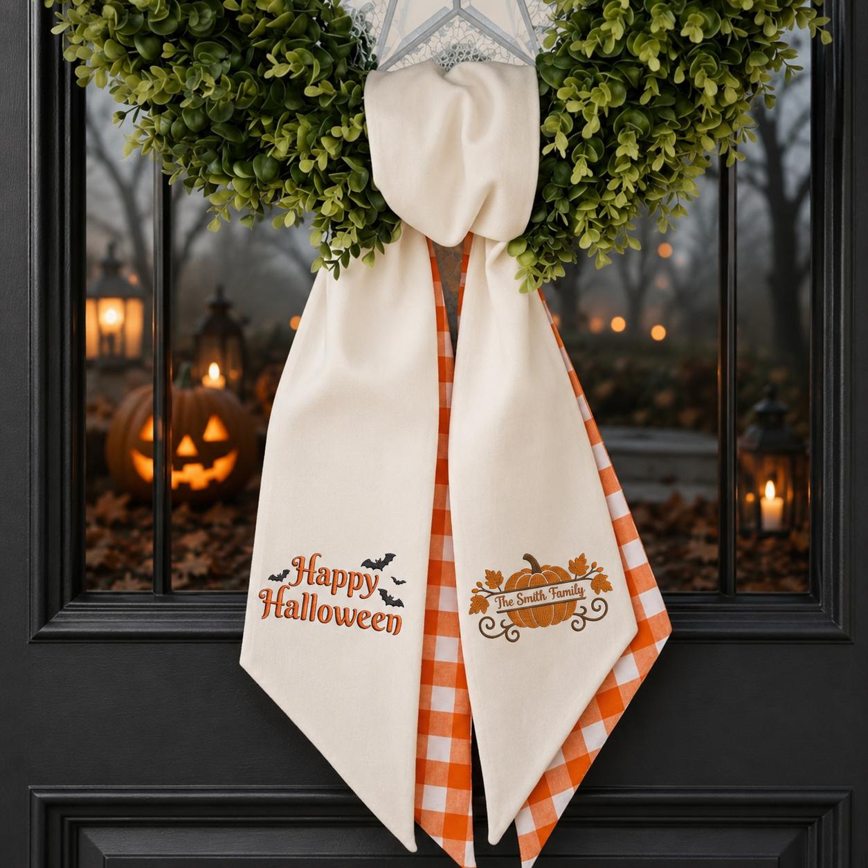 Happy Halloween Embroidered Door Sash – Custom Family Name Spooky Season Decor