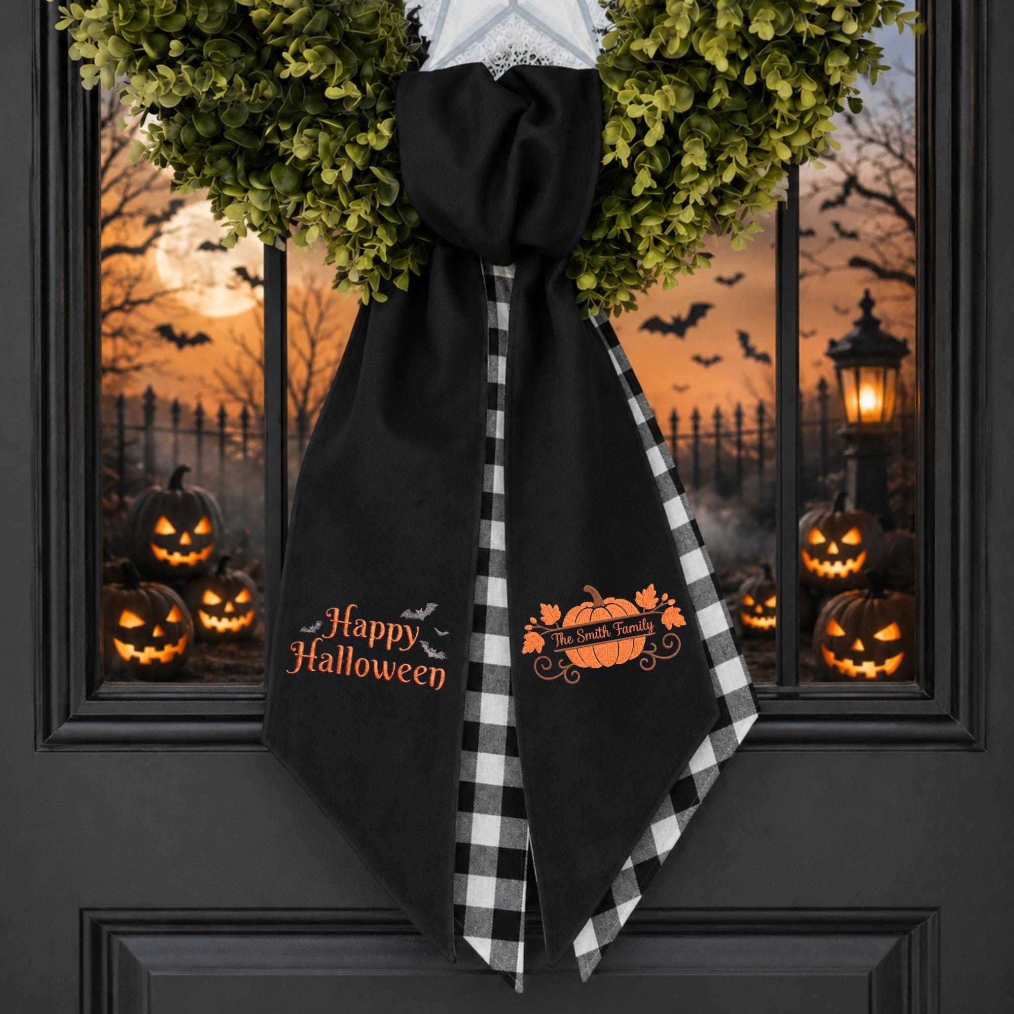 Happy Halloween Embroidered Door Sash – Custom Family Name Spooky Season Decor