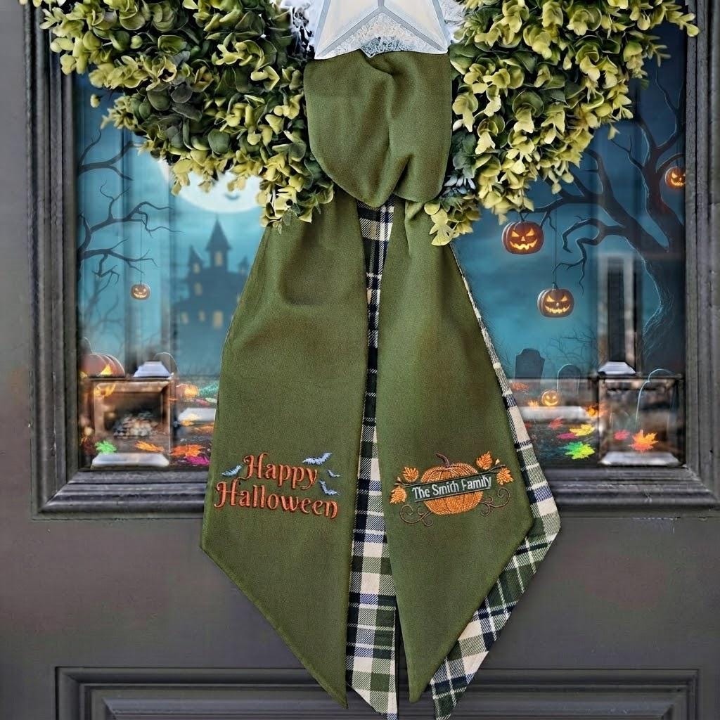 Happy Halloween Embroidered Door Sash – Custom Family Name Spooky Season Decor Happy Halloween Embroidered Door Sash – Custom Family Name Spooky Season Decor