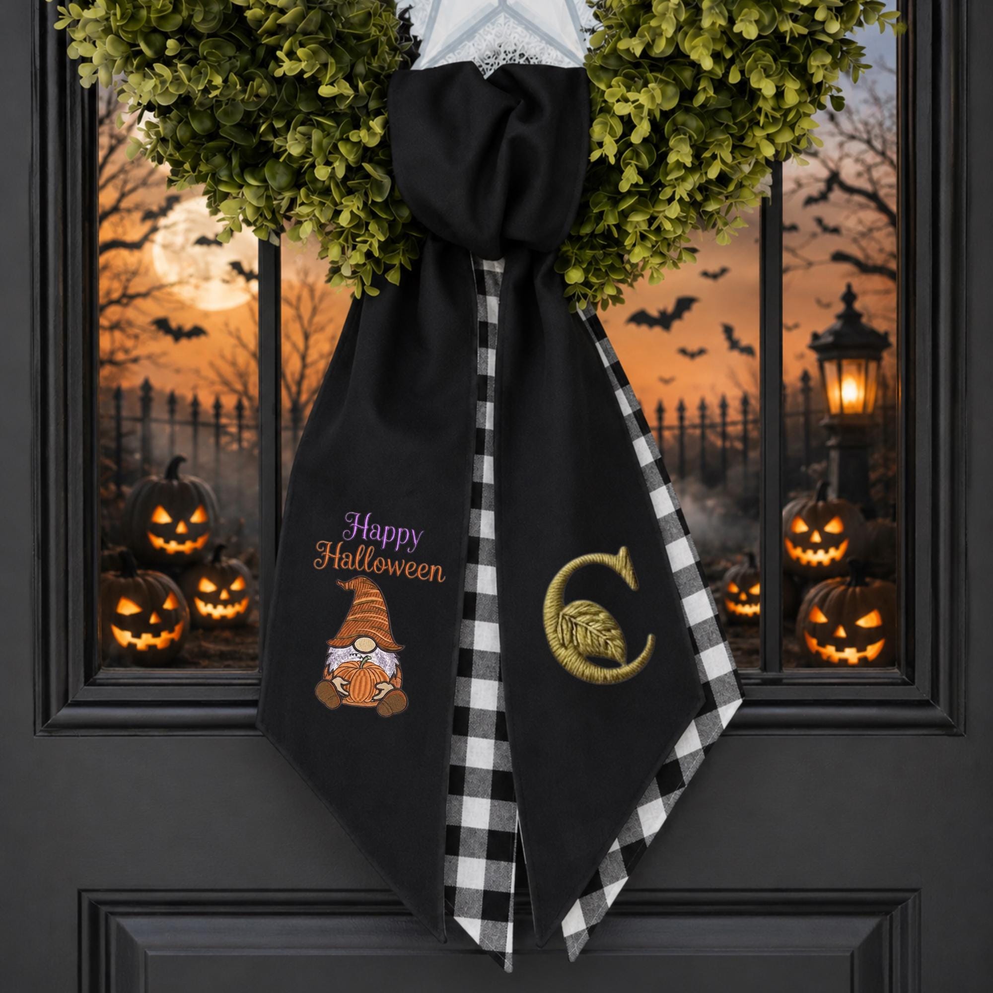 Pumpkin Gnome Halloween Embroidered Wreath Sash – Custom Initials Door Decor Pumpkin Gnome Halloween Embroidered Wreath Sash – Custom Initials Door Decor