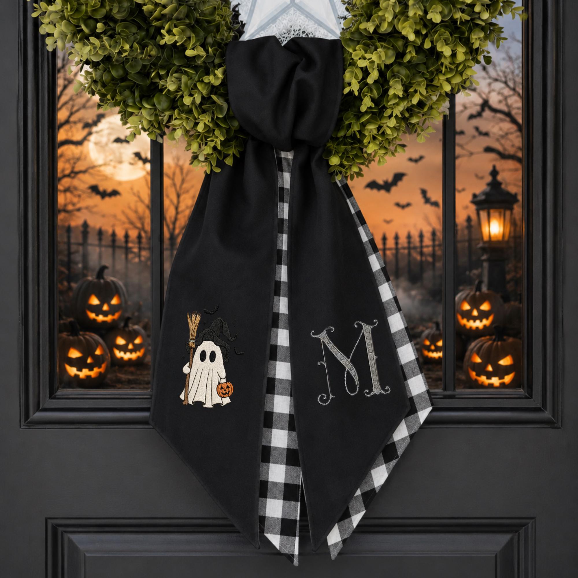 Halloween Ghost Embroidered Wreath Sash – Custom Witchy Initial Door Decor Halloween Ghost Embroidered Wreath Sash – Custom Witchy Initial Door Decor