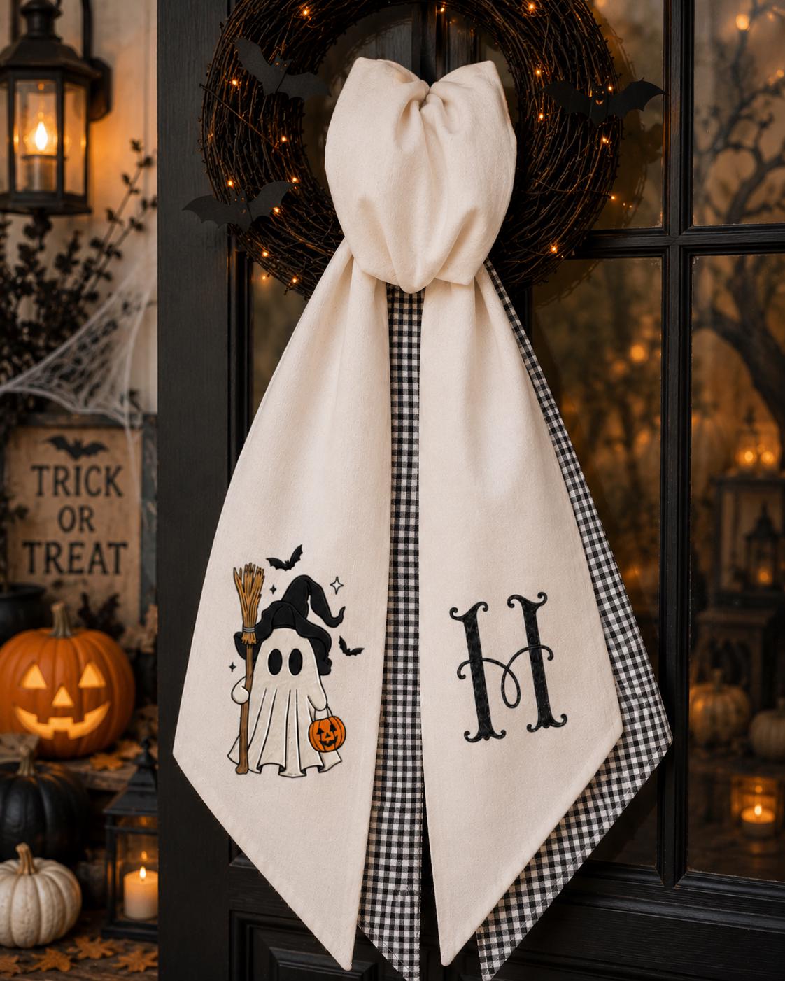 Halloween Ghost Embroidered Wreath Sash – Custom Witchy Initial Door Decor