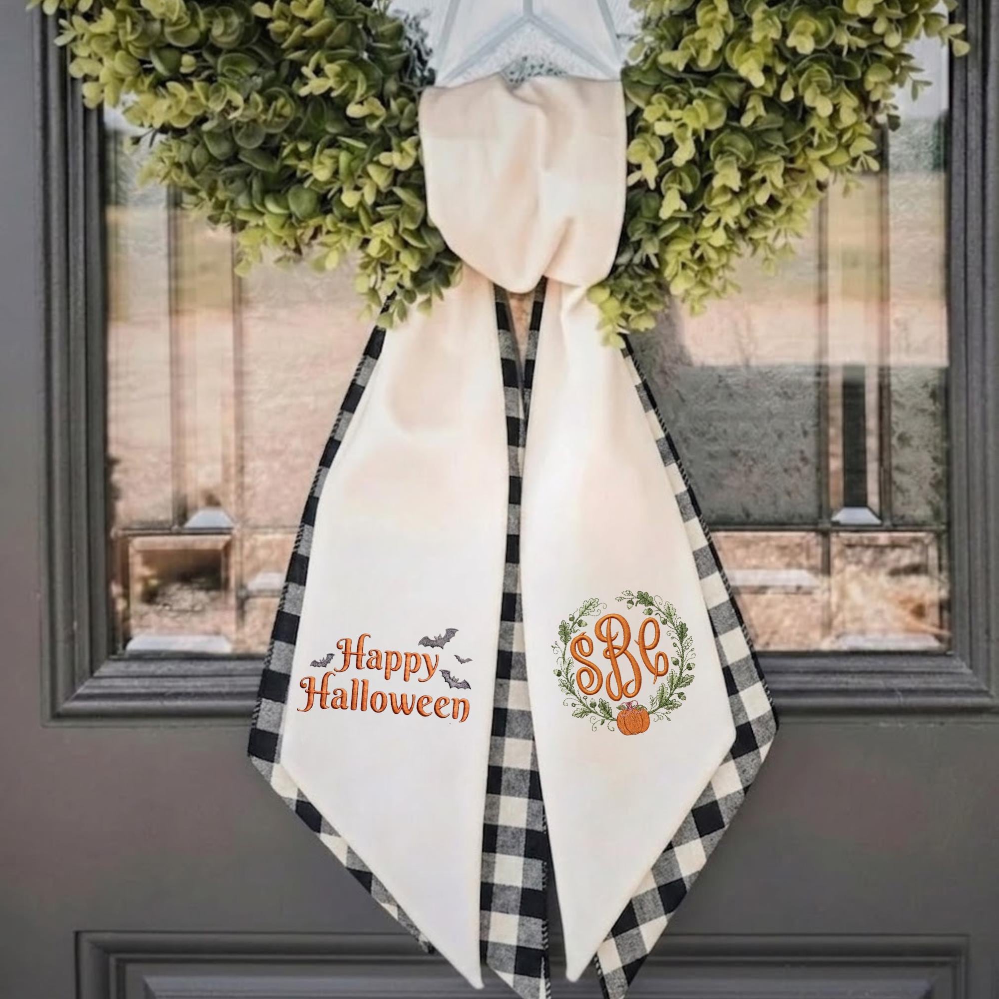 Halloween Pumpkin Embroidered Wreath Sash – Custom Monogram Initial Door Decor Halloween Pumpkin Embroidered Wreath Sash – Custom Monogram Initial Door Decor