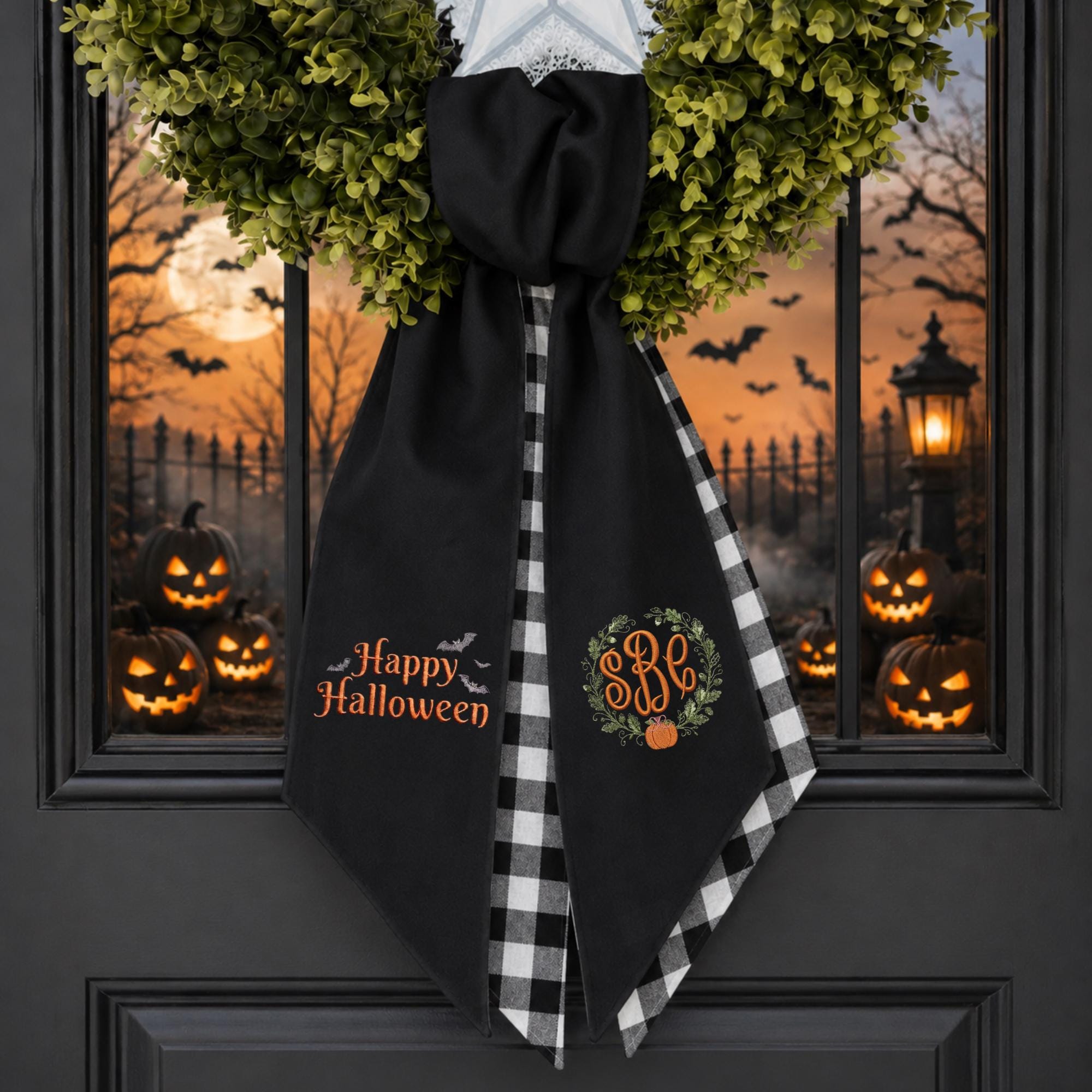Halloween Pumpkin Embroidered Wreath Sash – Custom Monogram Initial Door Decor