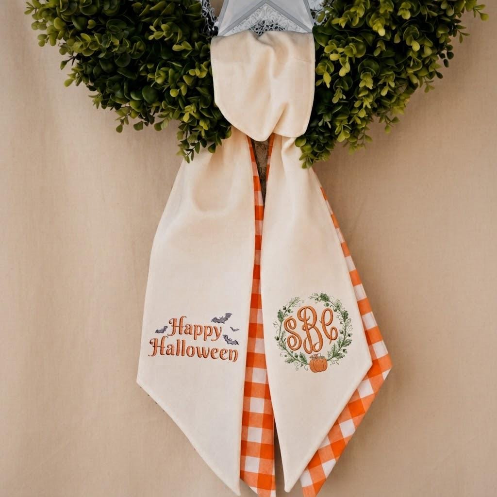 Halloween Pumpkin Embroidered Wreath Sash – Custom Monogram Initial Door Decor Halloween Pumpkin Embroidered Wreath Sash – Custom Monogram Initial Door Decor