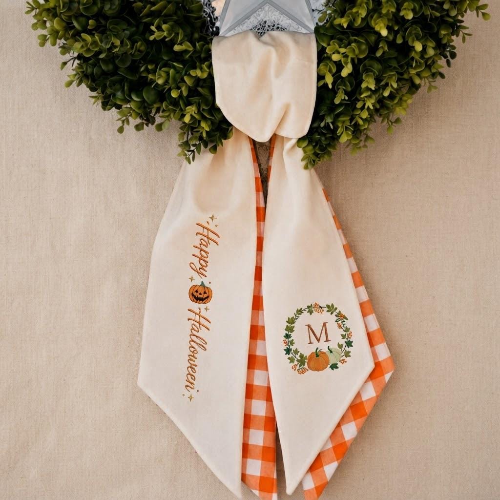 Halloween Pumpkin Embroidered Wreath Sash – Custom Monogram Fall Door Decor
