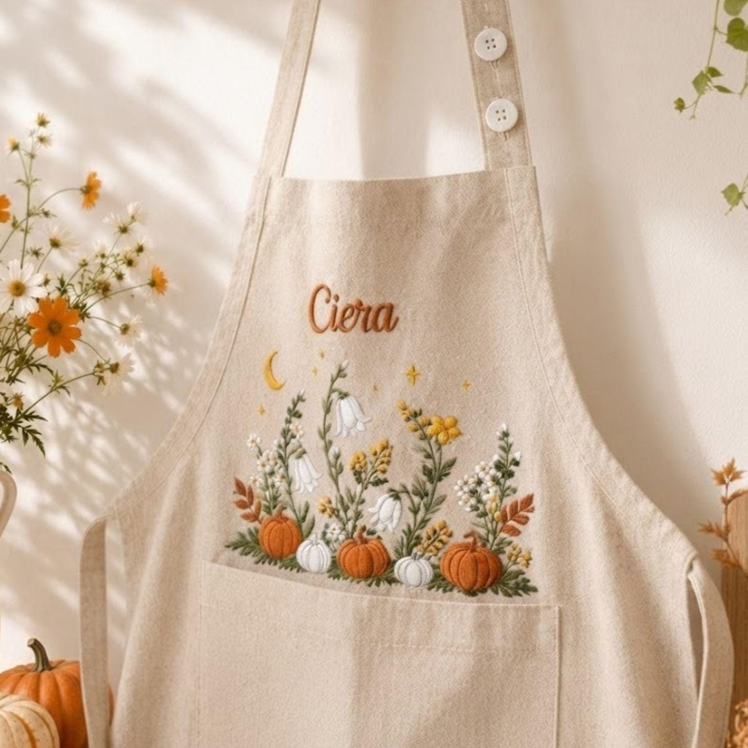 Autumn Pumpkin & Lily of the Valley Embroidered Linen Apron – Custom Name Garden Apron