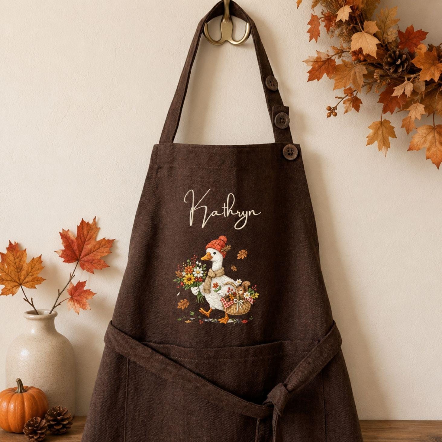 Silly Goose Autumn Floral Embroidered Linen Apron – Custom Name Fall Apron