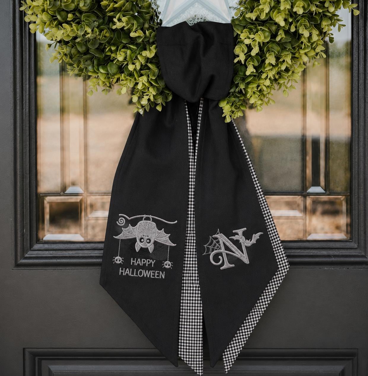 Happy Halloween Bat Embroidered Wreath Sash – Custom Monogram Gingham Door Decor Happy Halloween Bat Embroidered Wreath Sash – Custom Monogram Gingham Door Decor