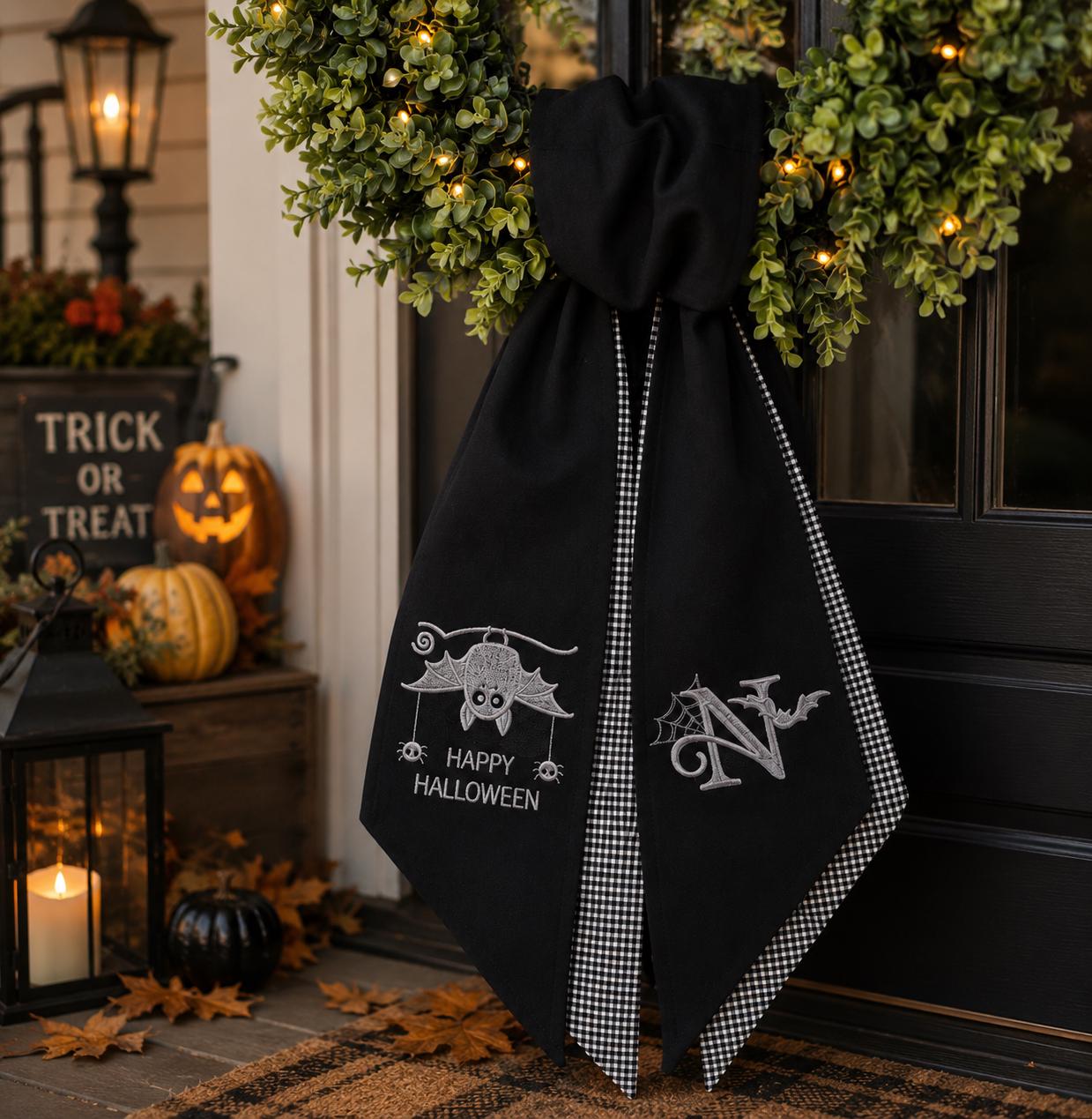 Happy Halloween Bat Embroidered Wreath Sash – Custom Monogram Gingham Door Decor