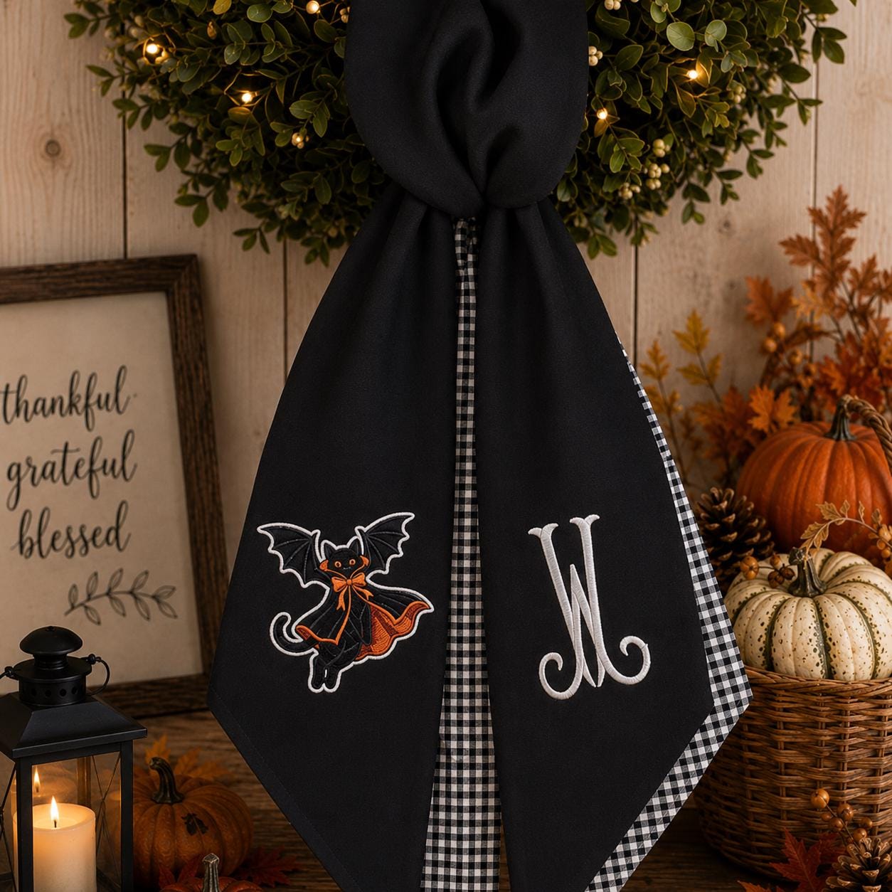 Black Cat Halloween Embroidered Wreath Sash – Custom Monogram White Gingham Decor Black Cat Halloween Embroidered Wreath Sash – Custom Monogram White Gingham Decor