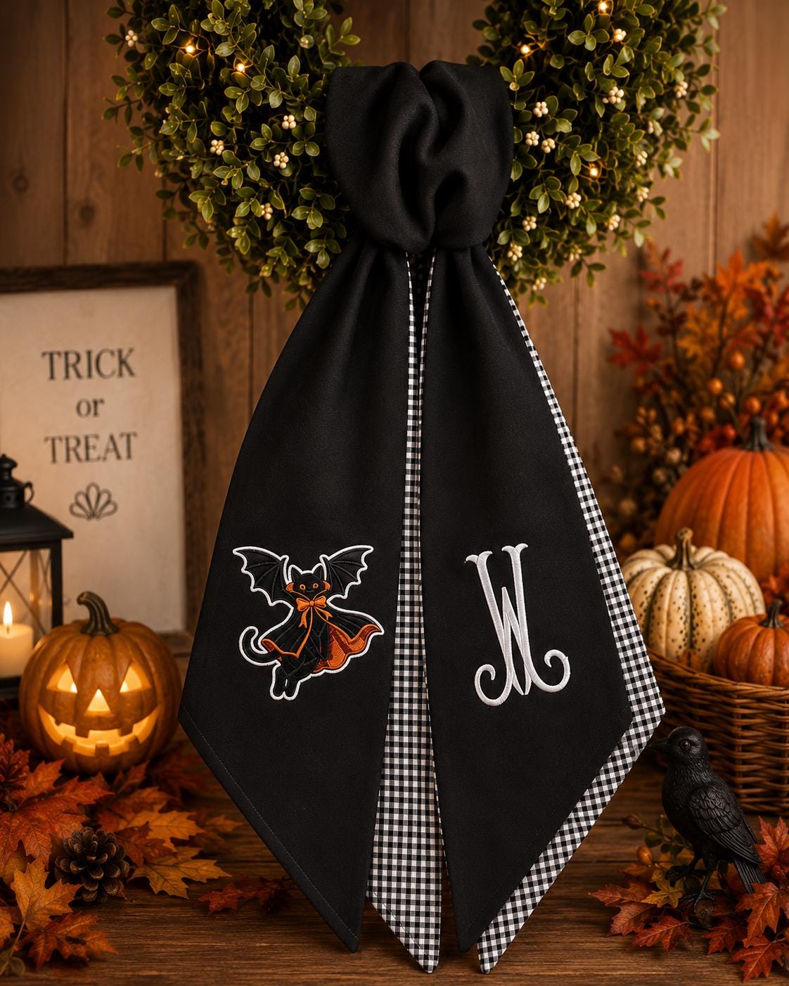 Black Cat Halloween Embroidered Wreath Sash – Custom Monogram White Gingham Decor