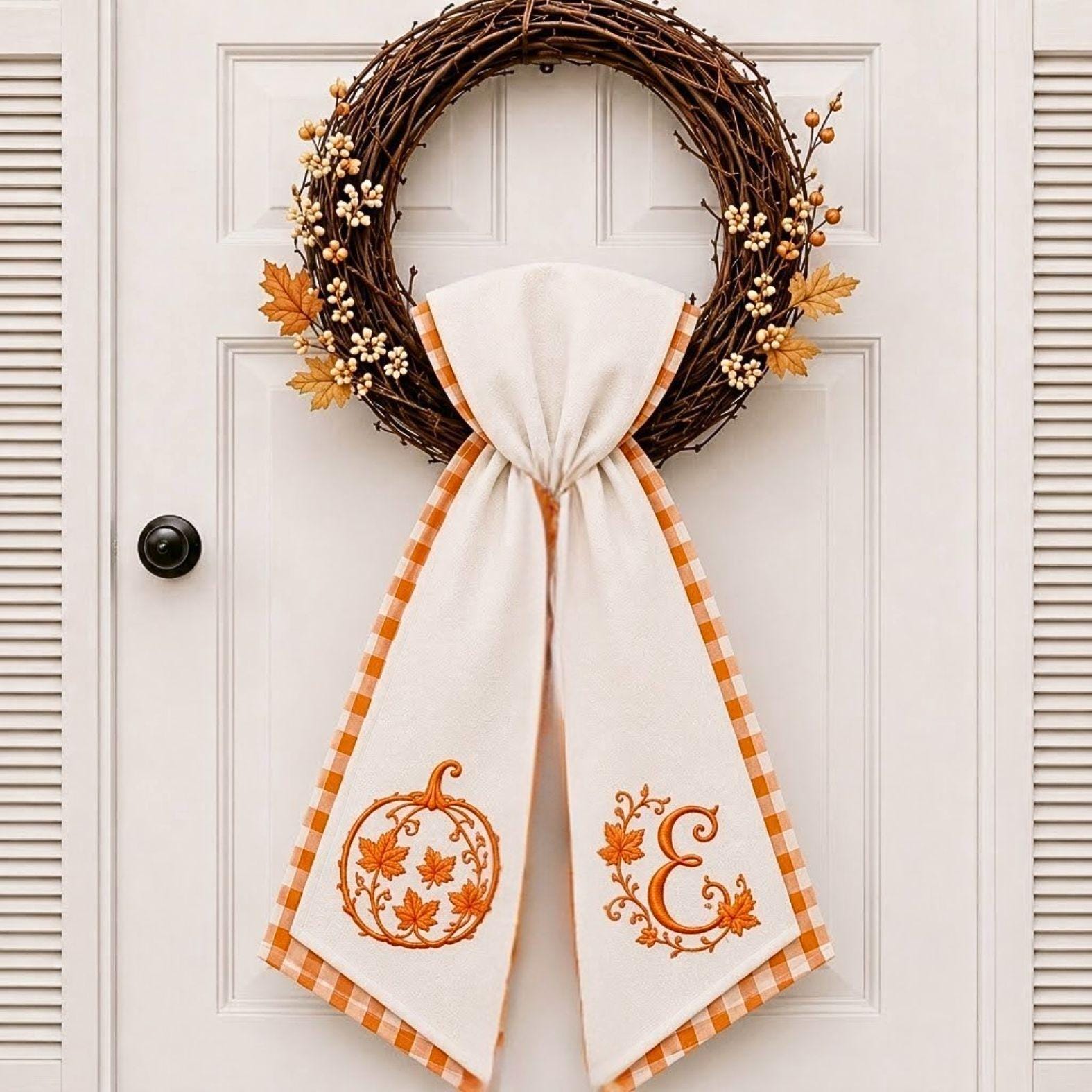 Autumn Pumpkin Wreath Sash – Custom Initial Ribbon Thanksgiving Door Decor