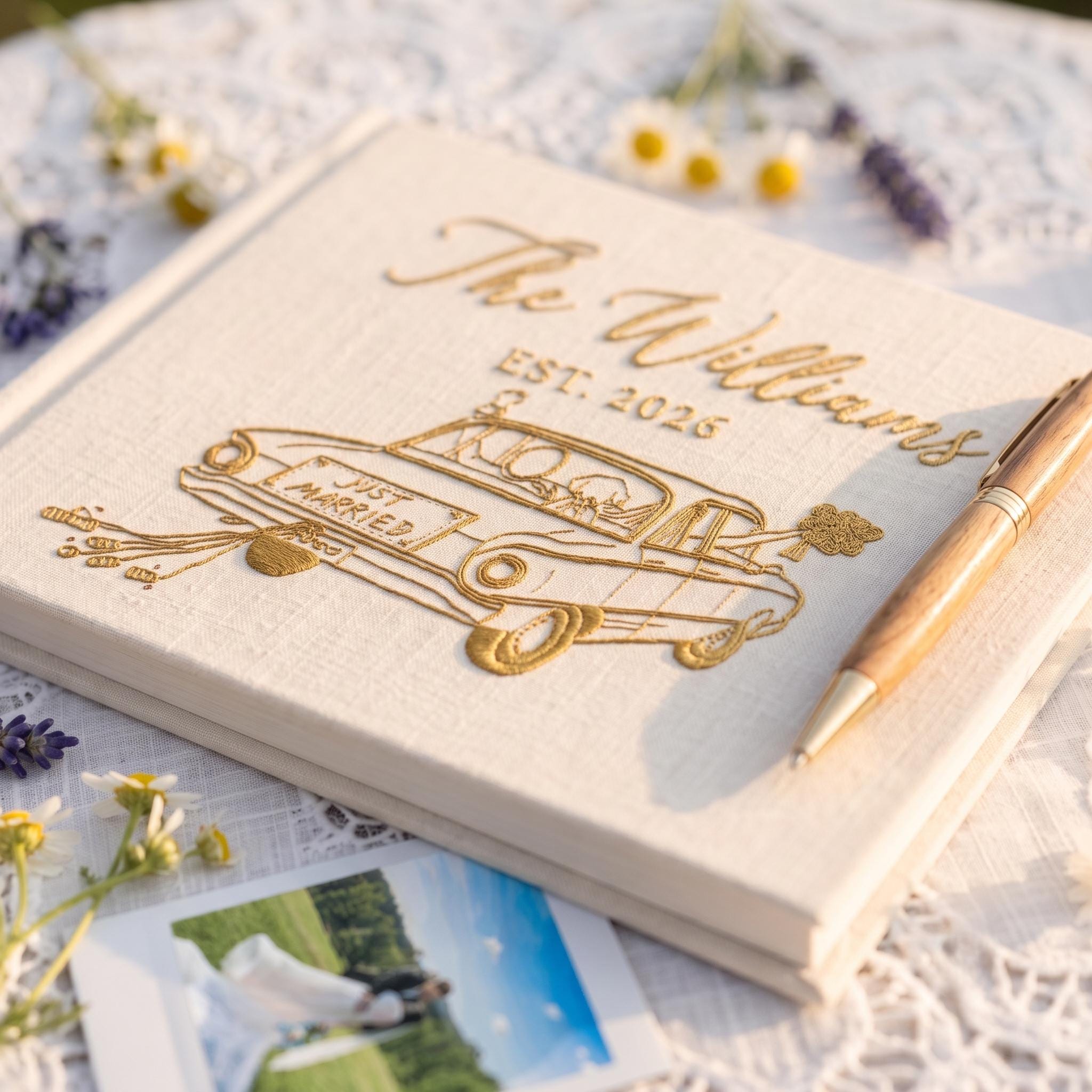 Wedding Car Line Art Embroidered Guest Book – Personalized Couple Linen Keepsake Wedding Car Line Art Embroidered Guest Book – Personalized Couple Linen Keepsake