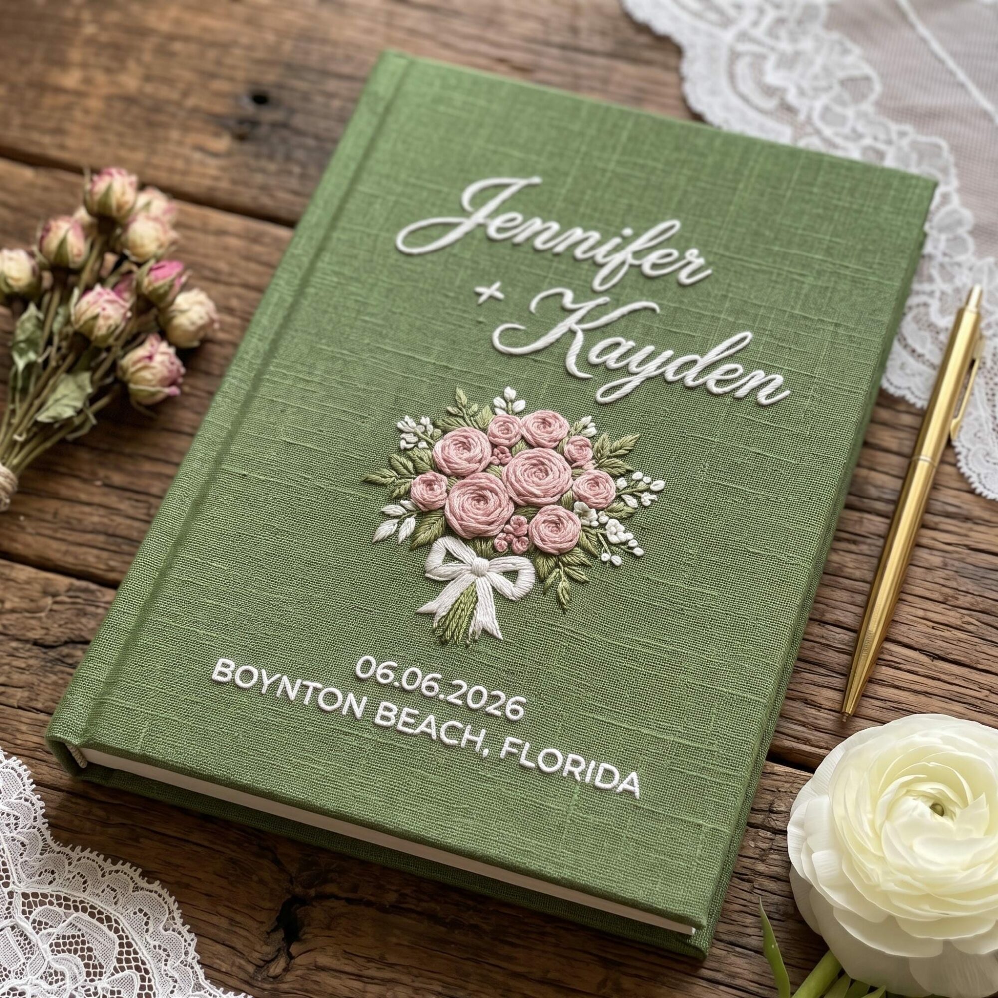 Wedding Bouquet Embroidered Guest Book – Custom Linen Keepsake for Couples