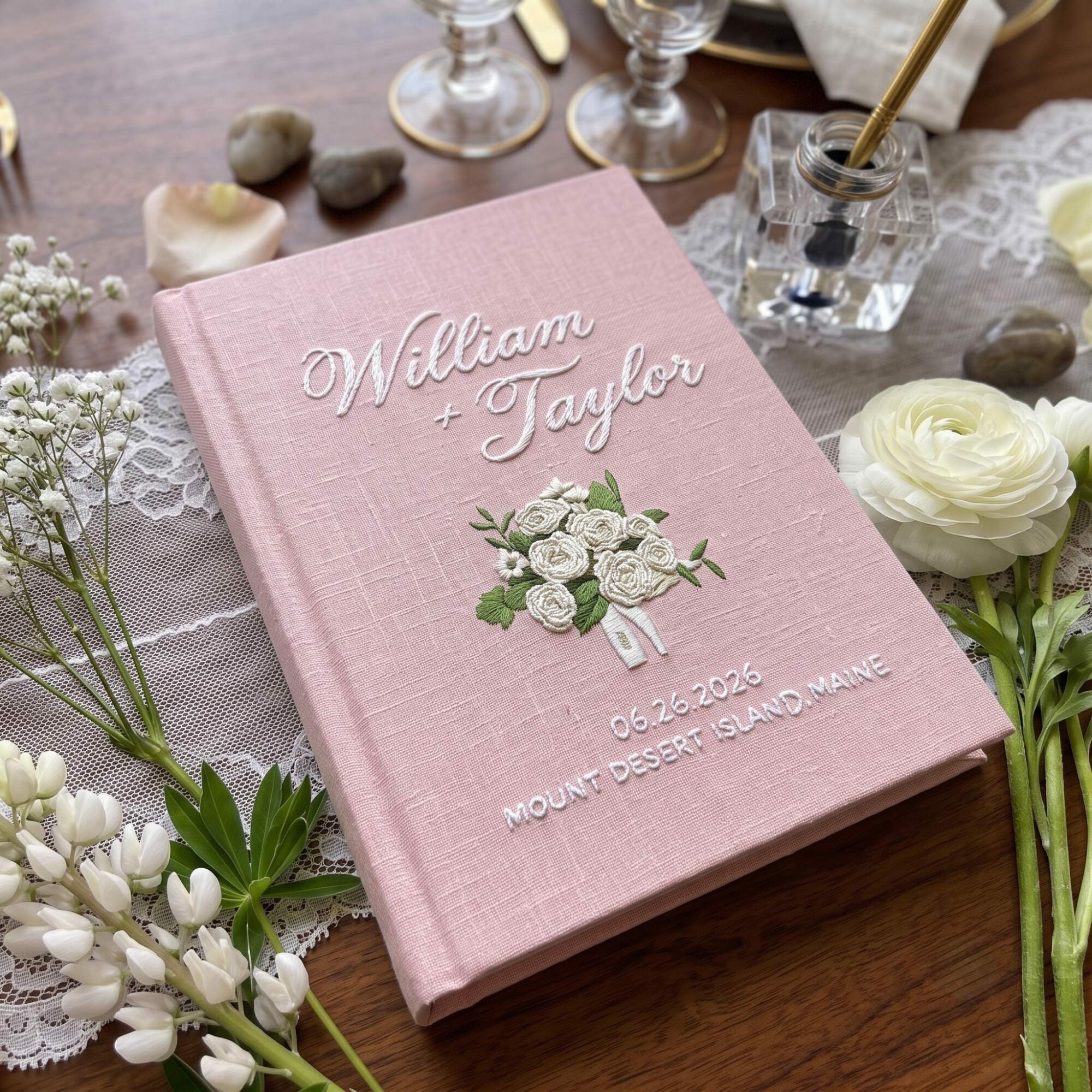 Custom Wedding Bouquet Embroidered Guest Book, Personalized Linen Wedding Guestbook, Custom Name Date Venue Sign In Book, Bridal Shower Gift