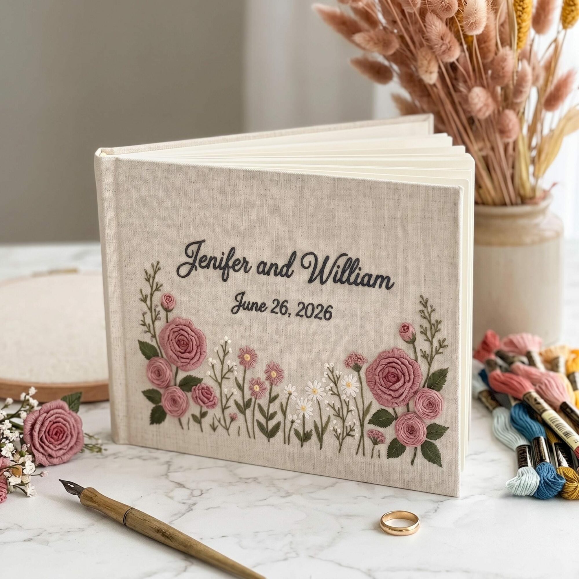 Rose Embroidered Wedding Guest Book – Personalized Linen Keepsake for Couples