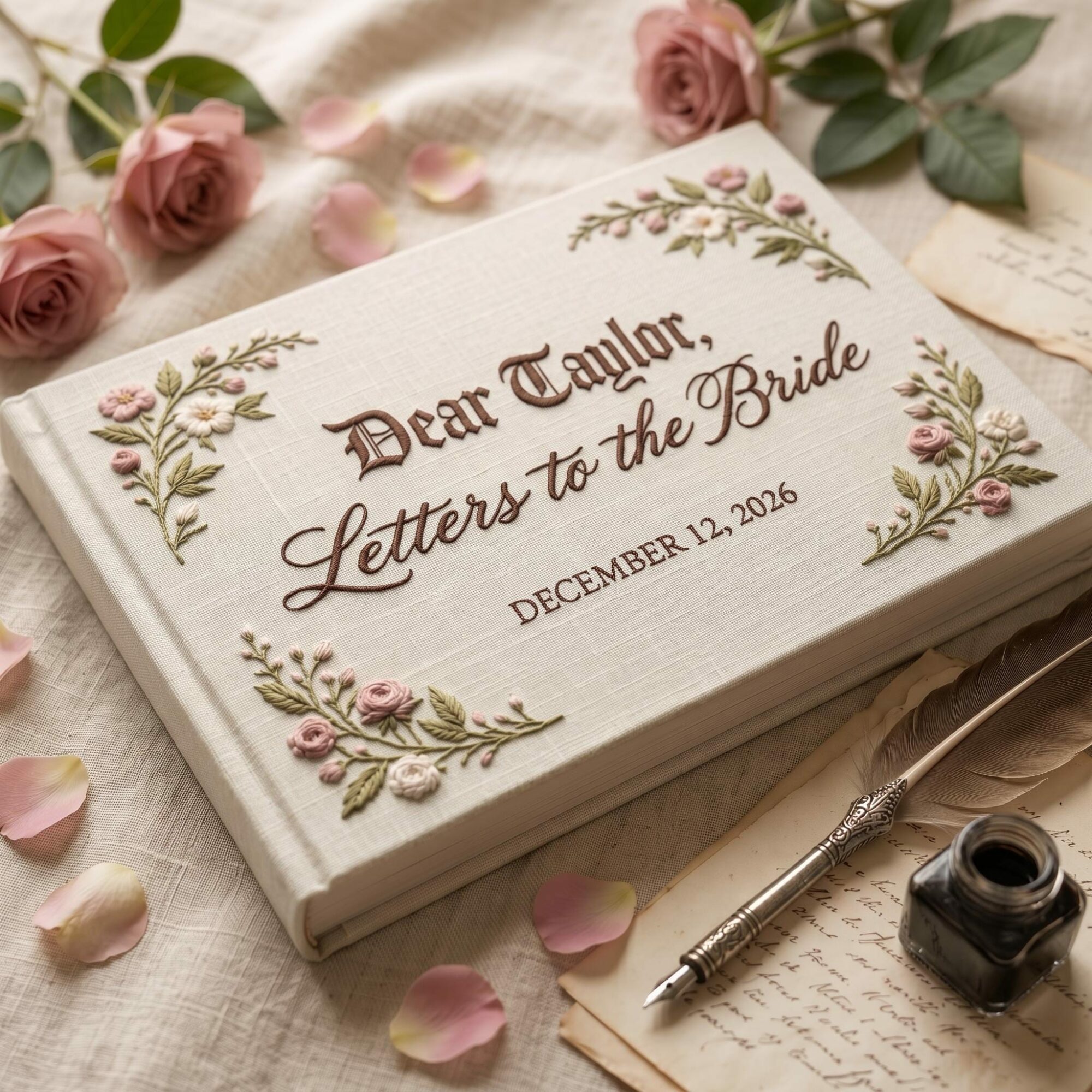 Letters to the Bride Embroidered Rose Guest Book – Personalized Linen Bridal Shower Keepsake 3 Custom Letters to the Bride Journal, Embroidered Rose Wedding Guest Book, Personalized Linen Bride Memory Book, Bridal Shower Gift