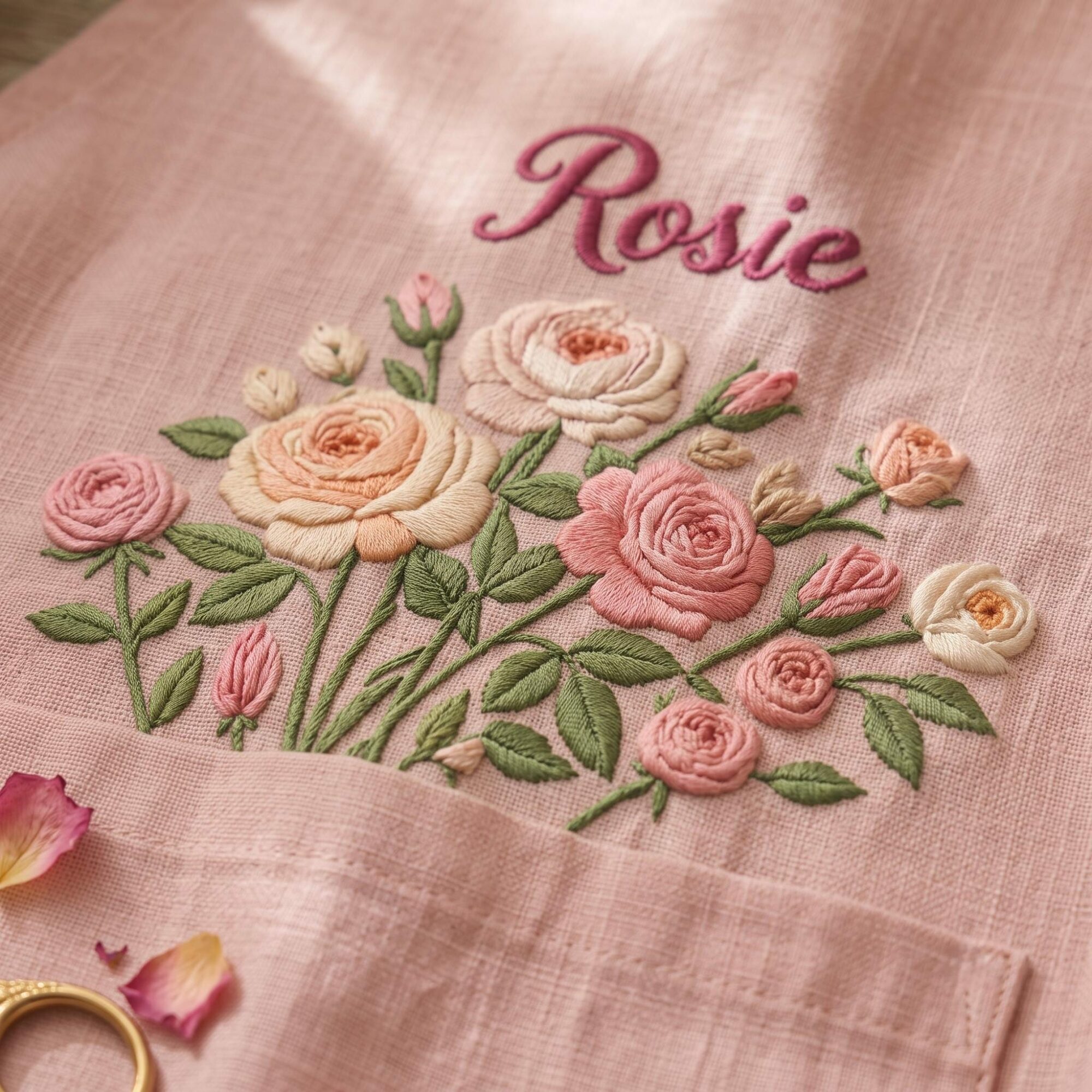 Personalized Embroidered Birth Month Flower Apron with Custom Name, Floral Linen Kitchen Cooking Baking Apron, Custom Gift for Mom & Grandma