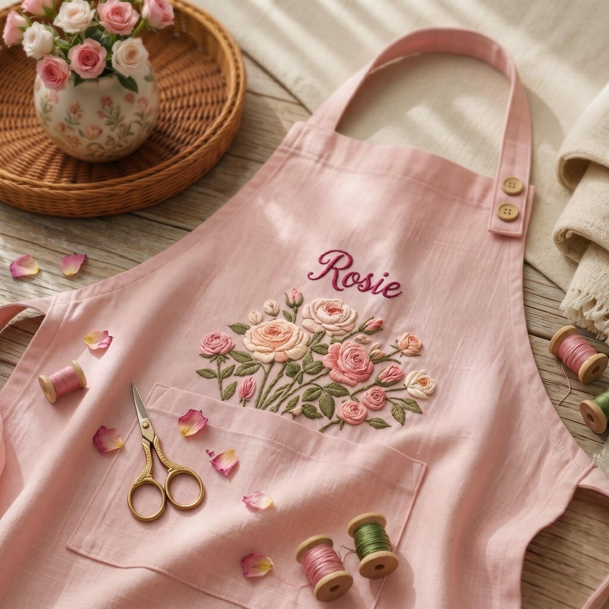 Birth Month Flower Embroidered Linen Apron – Custom Name Gift for Mom & Grandma