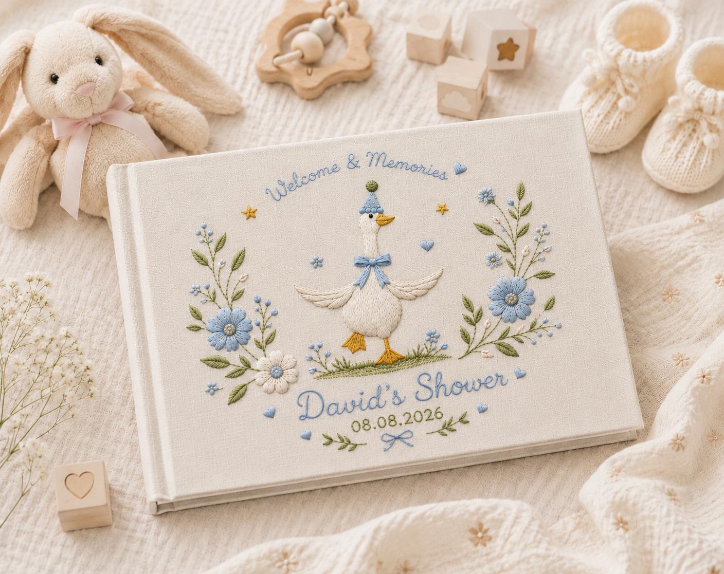 Silly Goose Embroidered Baby Shower Guest Book – Personalized Linen Keepsake
