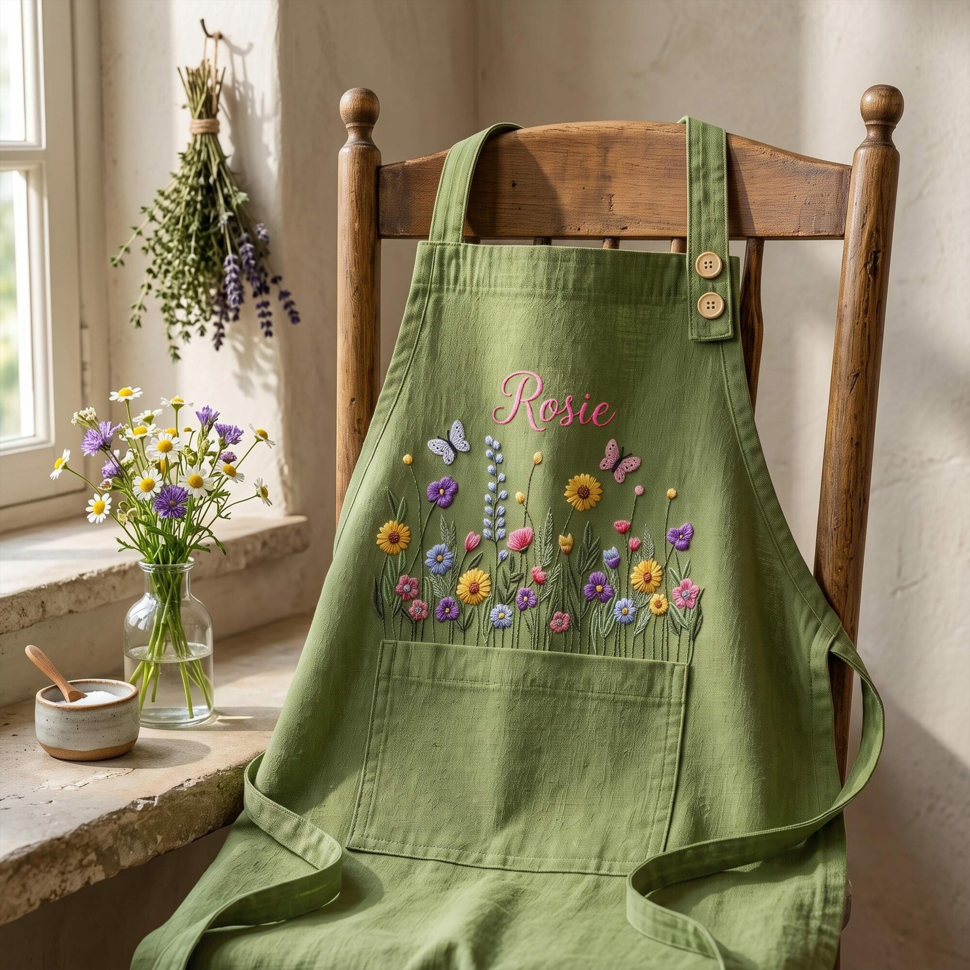 Butterfly Wildflower Embroidered Linen Apron – Custom Name Garden Gift for Women