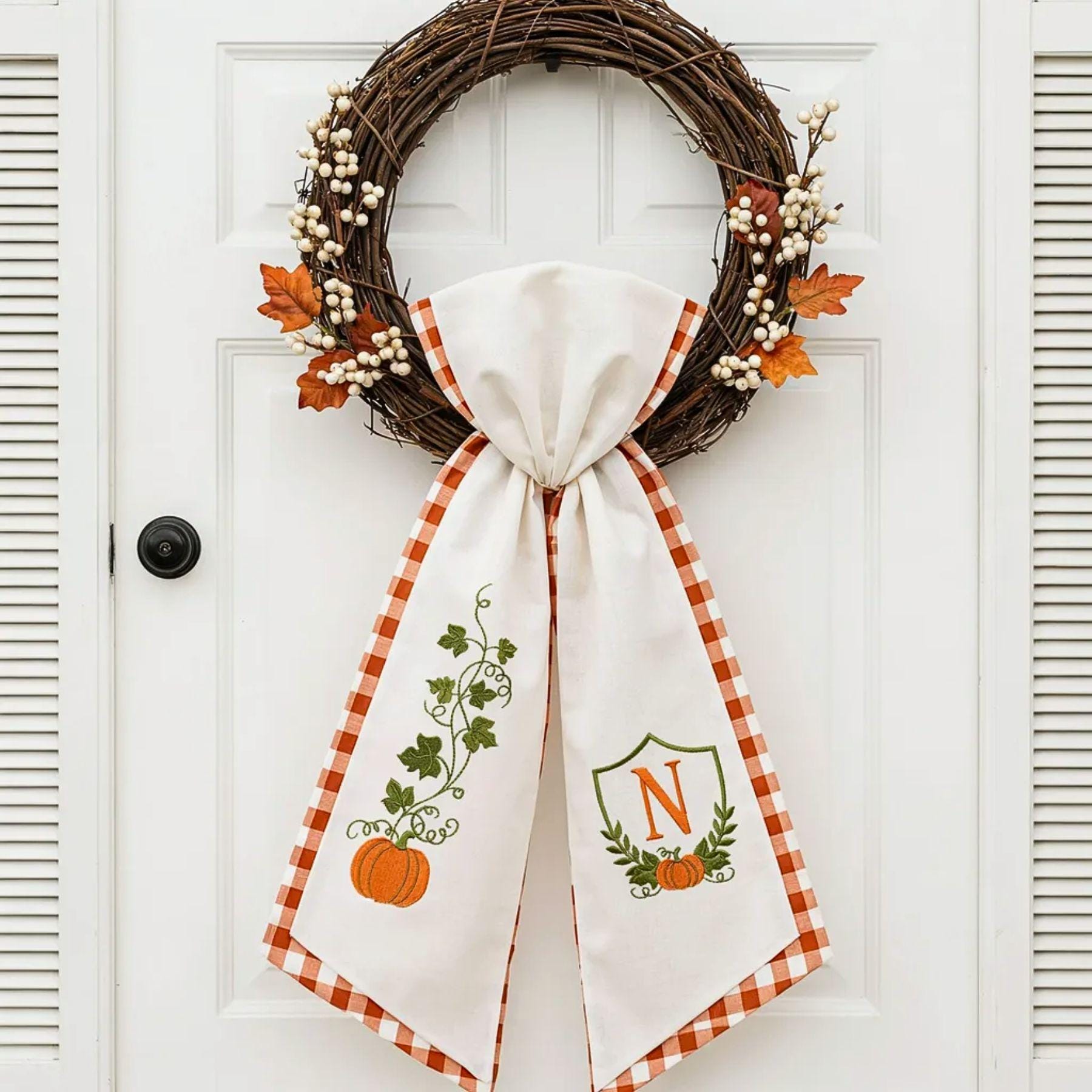 Monogram Pumpkin Wreath Sash – Custom Initial Autumn Ribbon Thanksgiving Decor