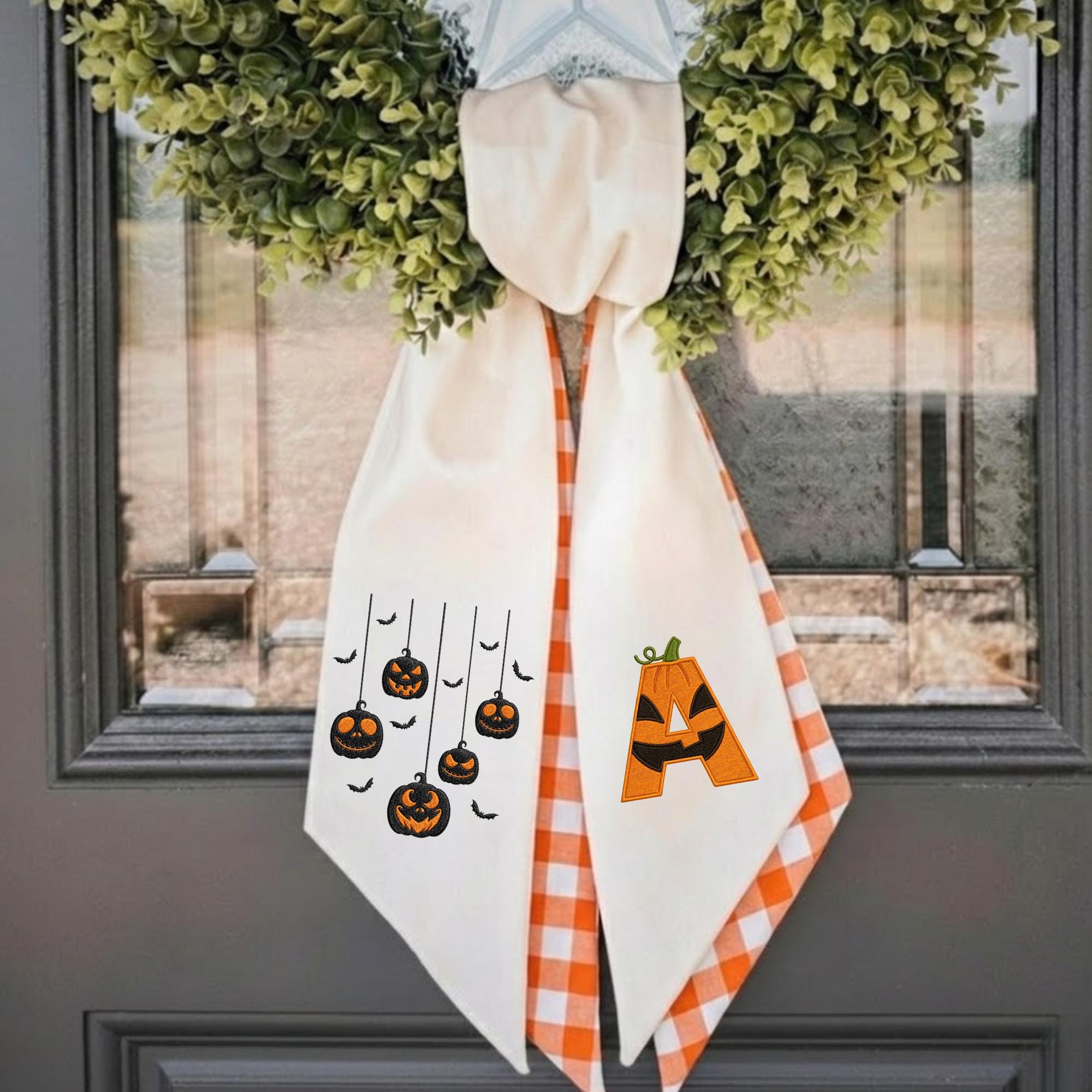Halloween Pumpkin Wreath Sash – Custom Initial Buffalo Check Door Decor Halloween Pumpkin Wreath Sash – Custom Initial Buffalo Check Door Decor
