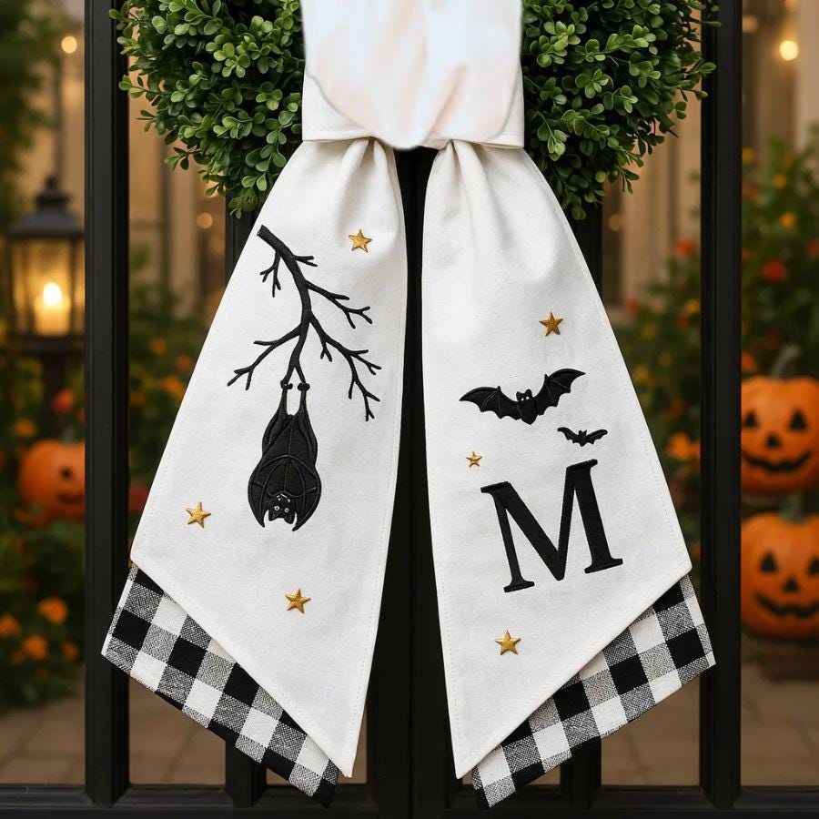 Halloween Bat Branch Wreath Sash – Custom Initial Witch Hat Door Decor