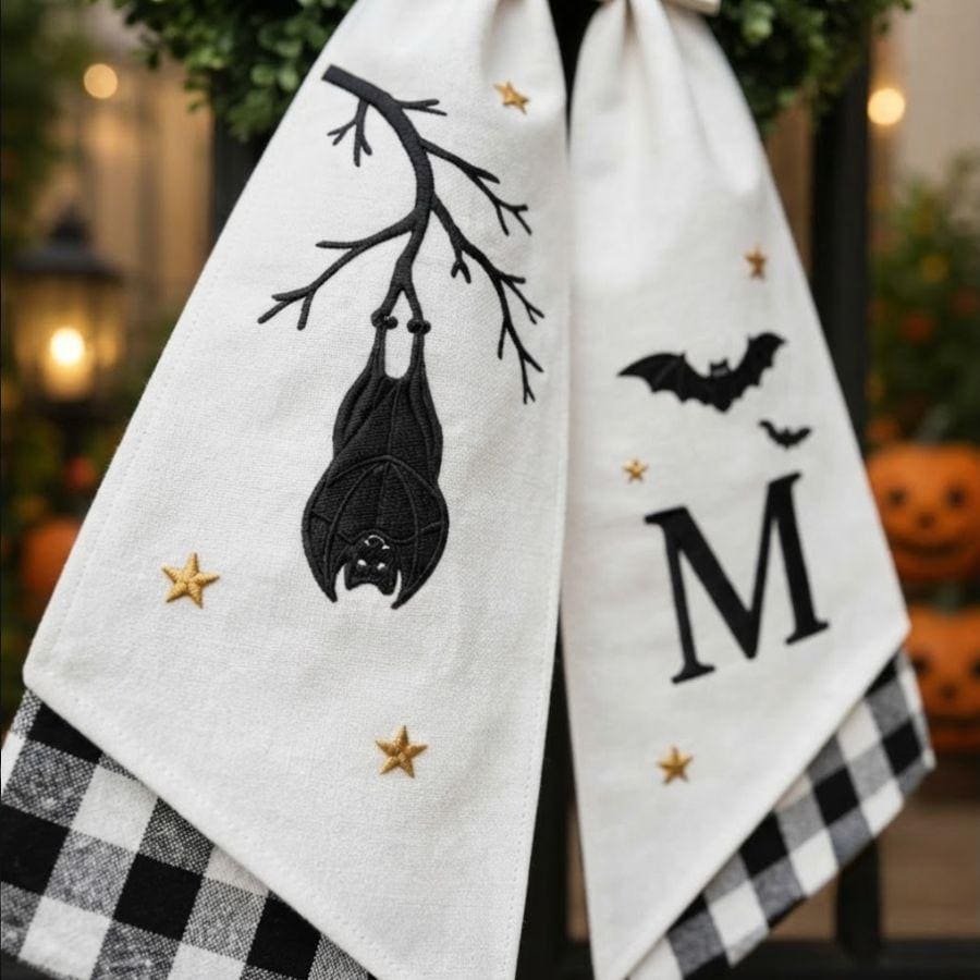 Halloween Bat Branch Wreath Sash – Custom Initial Witch Hat Door Decor