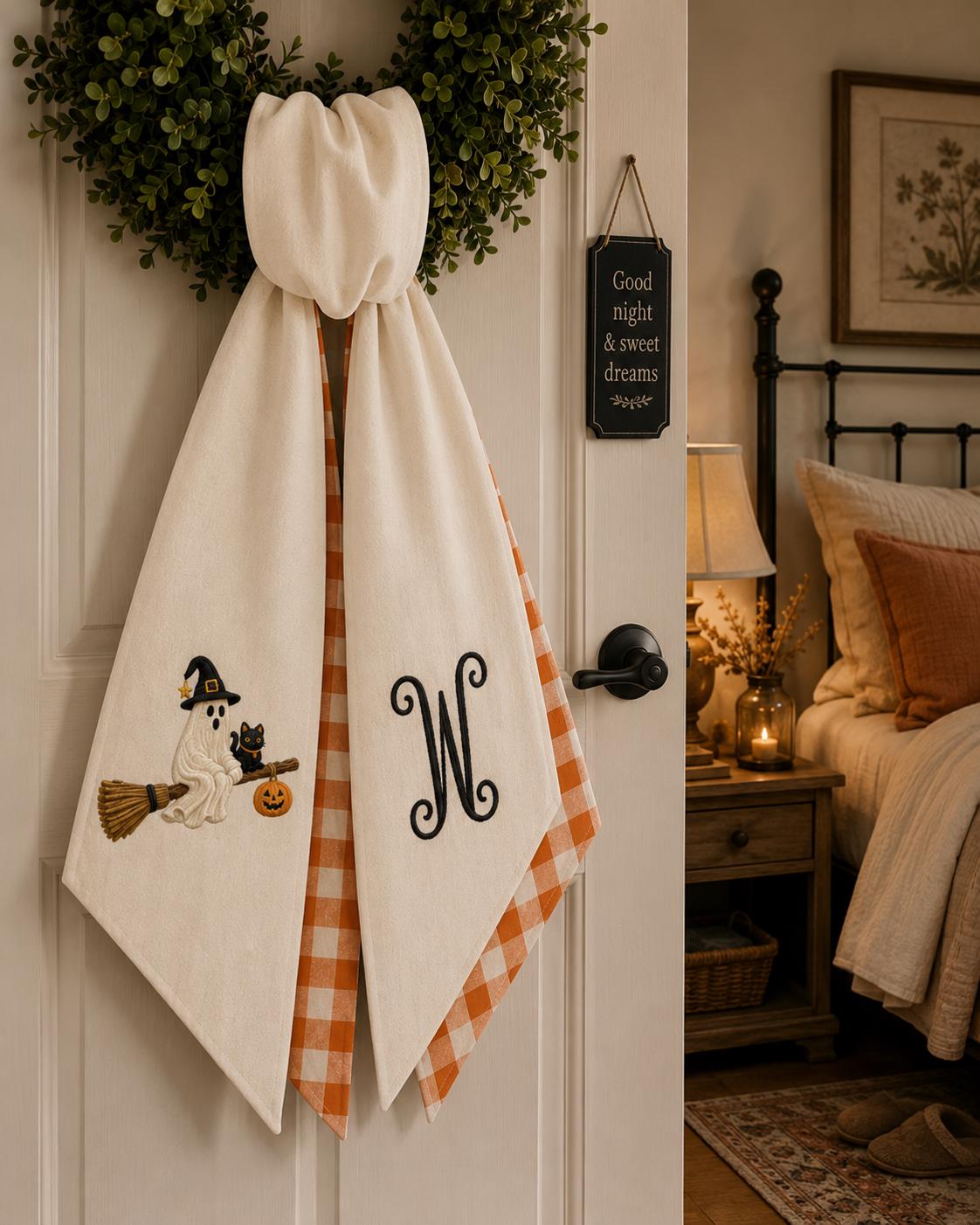 Ghost & Black Cat Halloween Embroidered Wreath Sash – Custom Monogram Door Decor