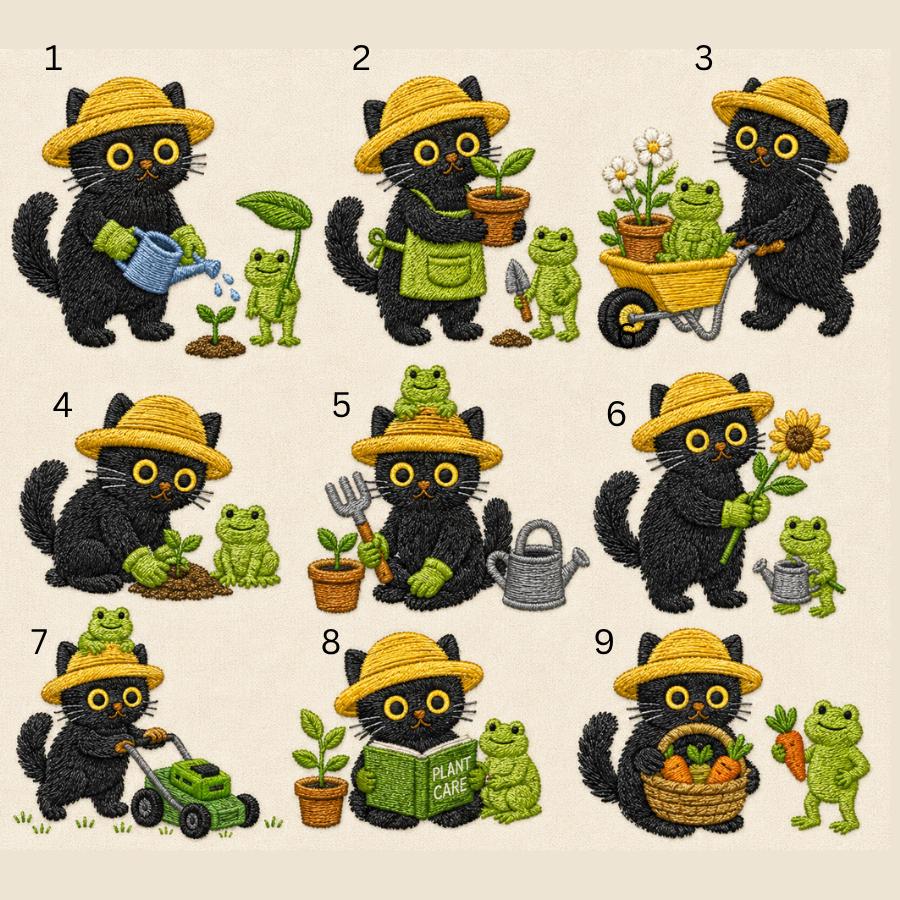 Black Cat & Frog Embroidered Garden Apron – Custom Name Plant Lover Gift