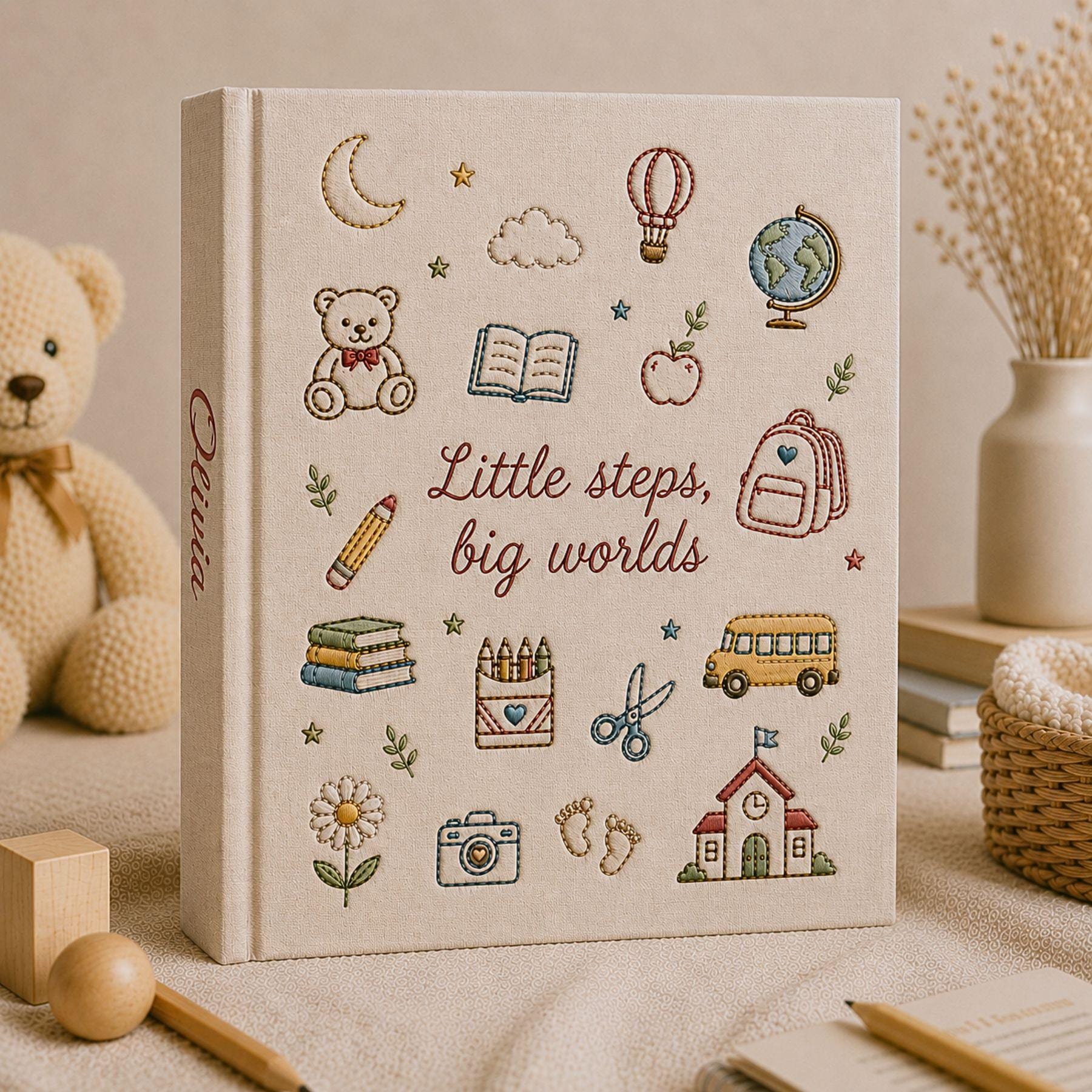 Little Steps Big Worlds Embroidered Baby Photo Album – Custom Memory Book