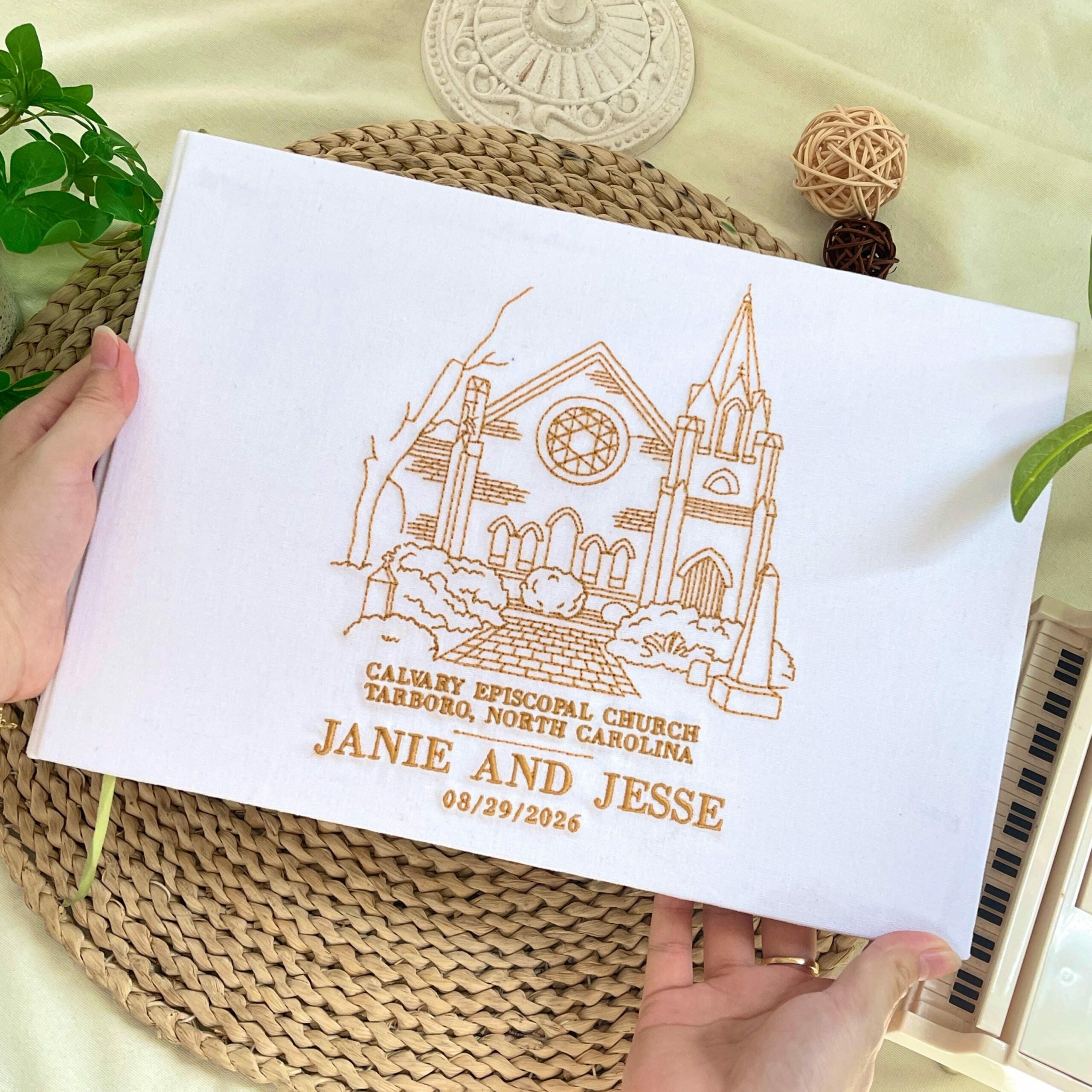 Portrait Wedding Venue Embroidered Guest Book – Custom Photo Linen Keepsake Portrait Wedding Venue Embroidered Guest Book – Custom Photo Linen Keepsake