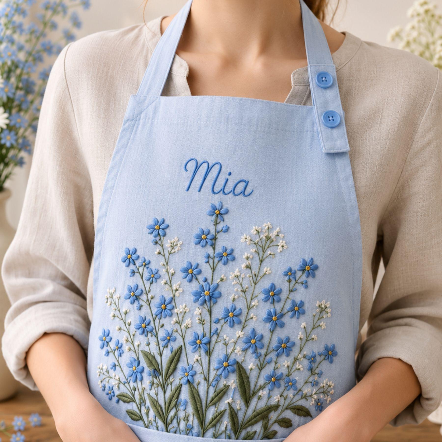 Forgetme not Meadow Embroidered Linen Apron – Custom Name Gift for Mom
