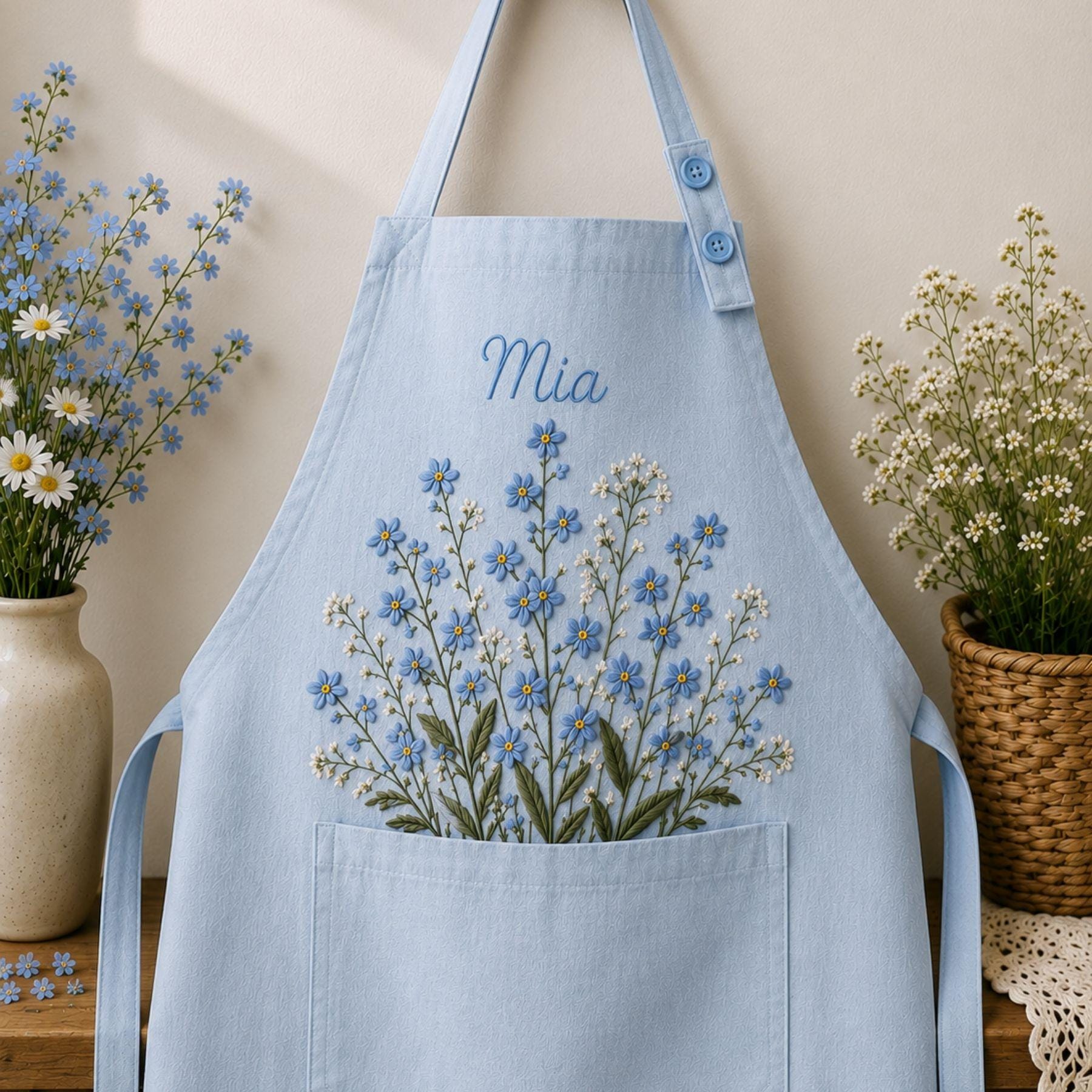Forgetme not Meadow Embroidered Linen Apron – Custom Name Gift for Mom