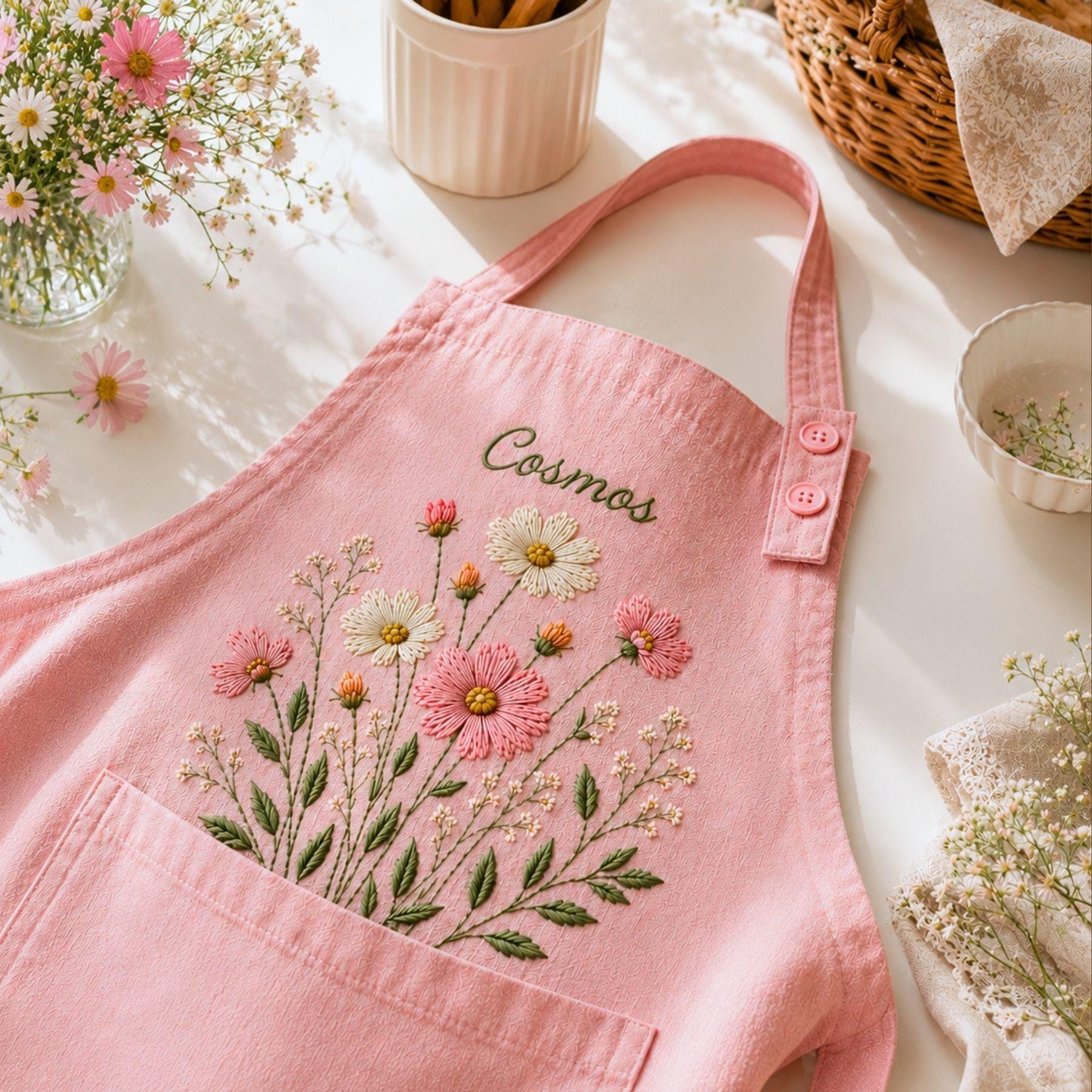 Cosmos Cottage Meadow Embroidered Linen Apron – Custom Name Gift for Mom