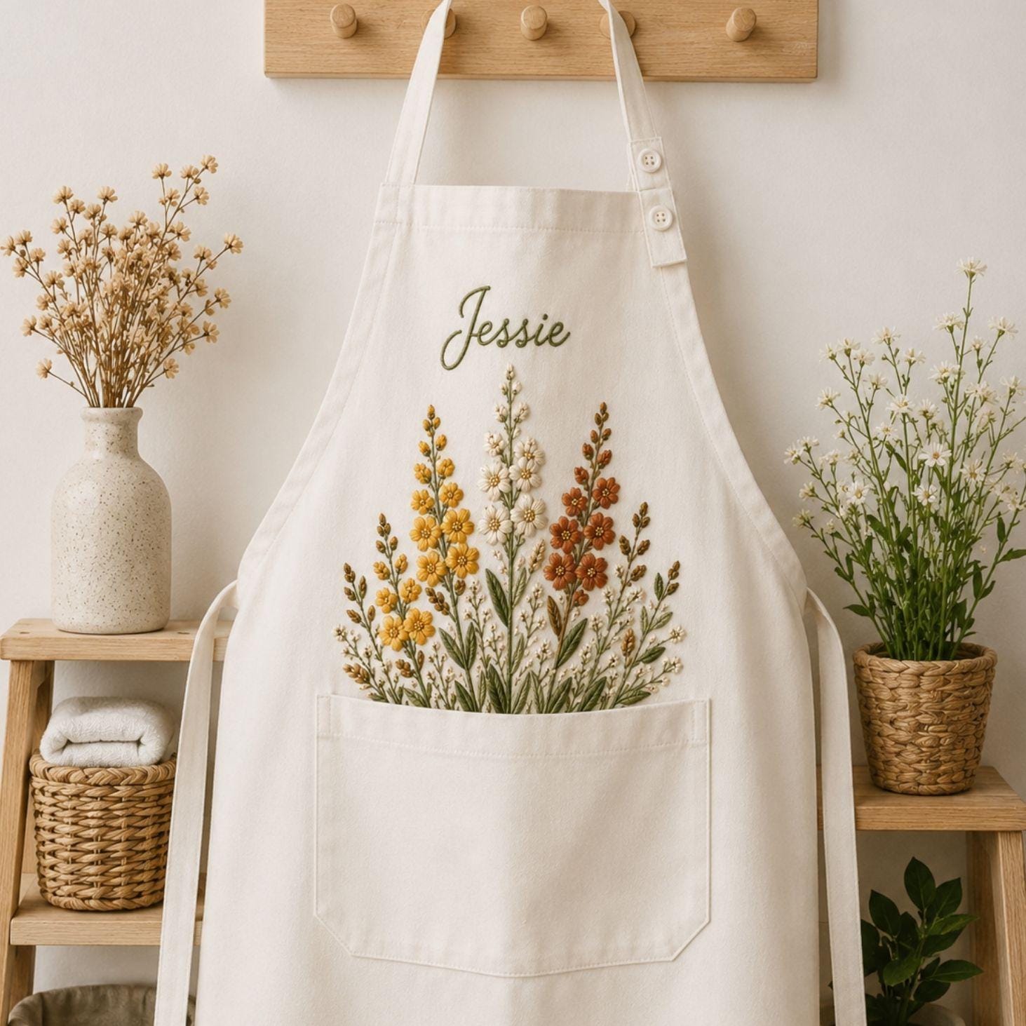 Snapdragon Autumn Harvest Embroidered Linen Apron – Custom Name Garden Apron