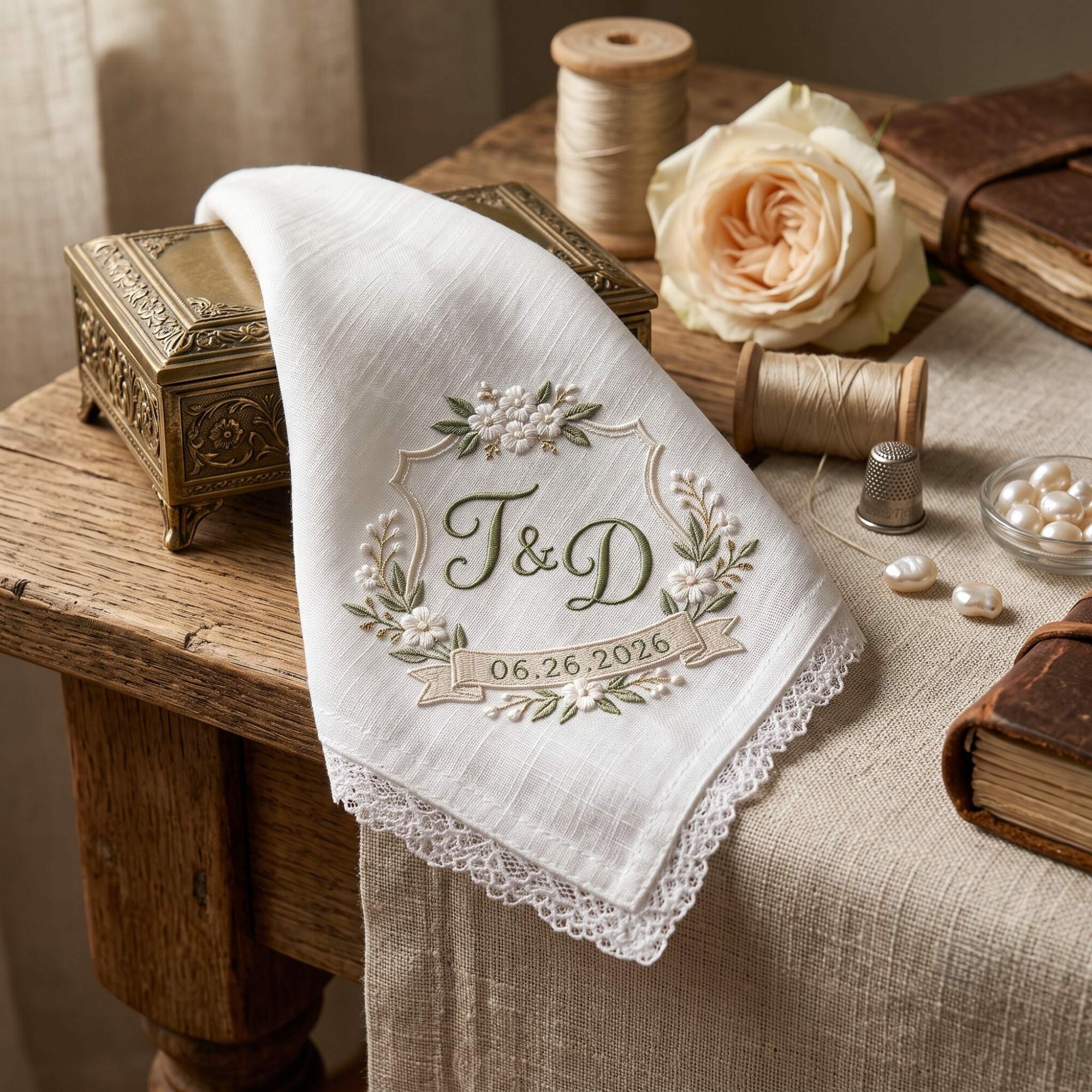 Personalized Embroidered Wedding Handkerchief, Custom Initials & Date Floral Monogram Hanky, Olive Leaf Bridal Keepsake, Gift for BrideGroom