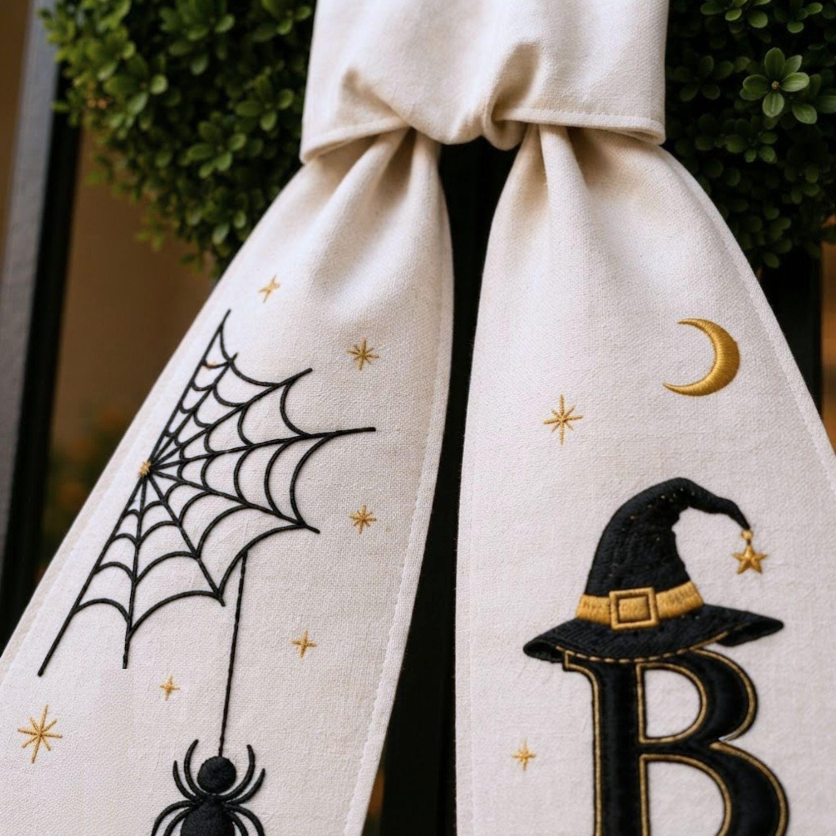 Custom Spider Web Wreath Sash – Monogram Ribbon Witch Hat Halloween Decor
