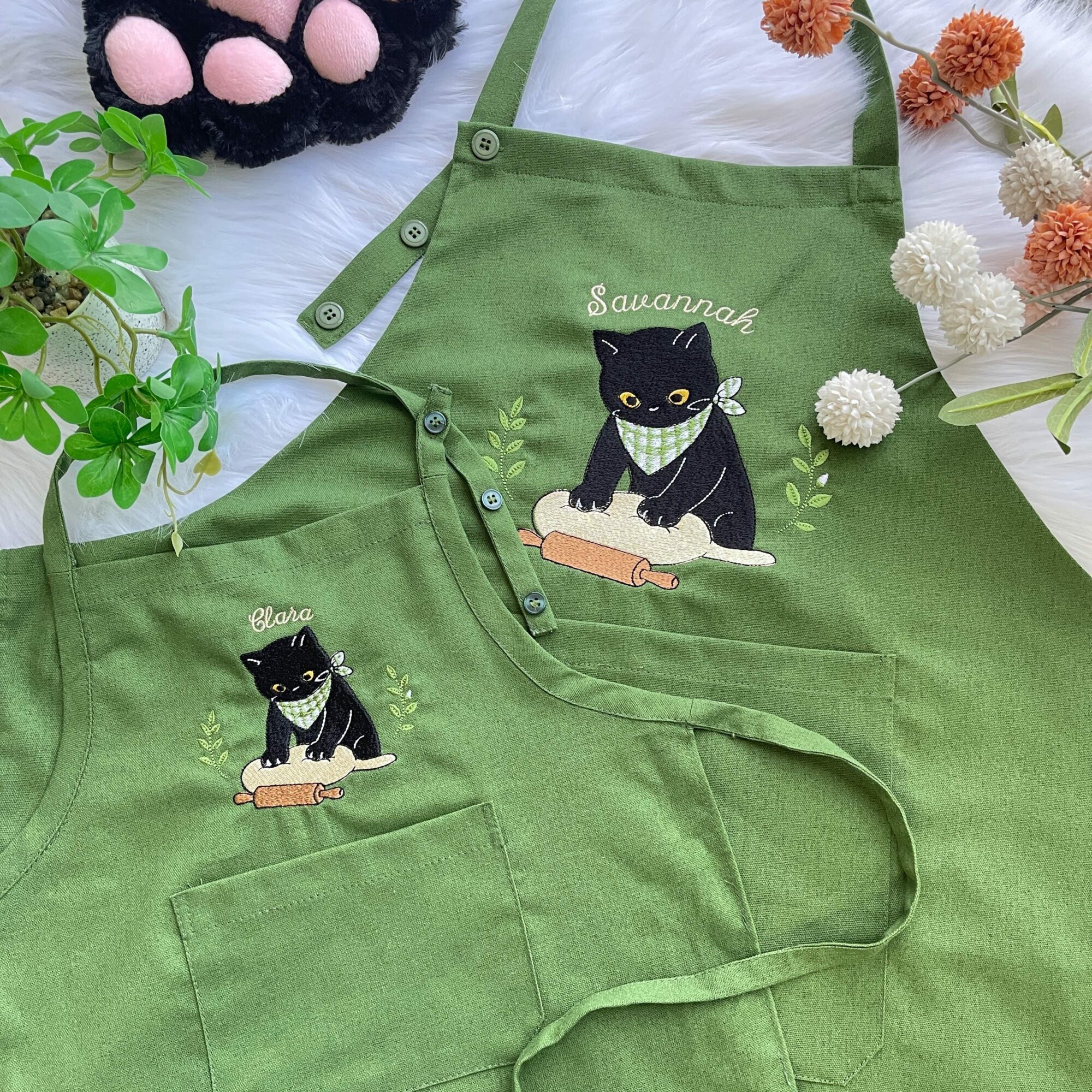 Personalized Cute Black Cat Chef Baking Embroidered Linen Apron, Custom Kids Name Kitchen Aprons, Cooking Apron With Pocket, Gift for Bakers