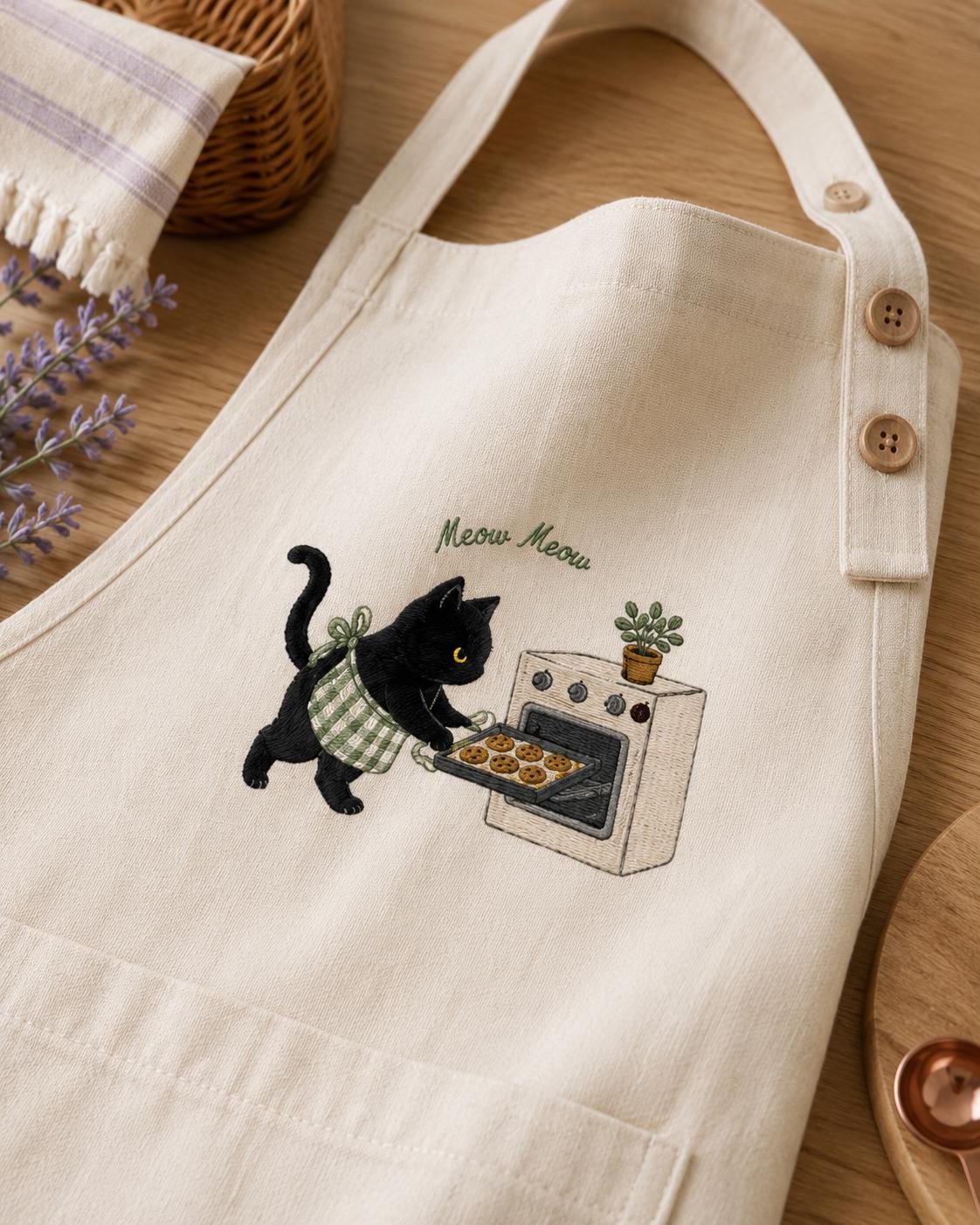 Black Cat Embroidered Apron – Custom Name Baking Gift for Cat Lovers