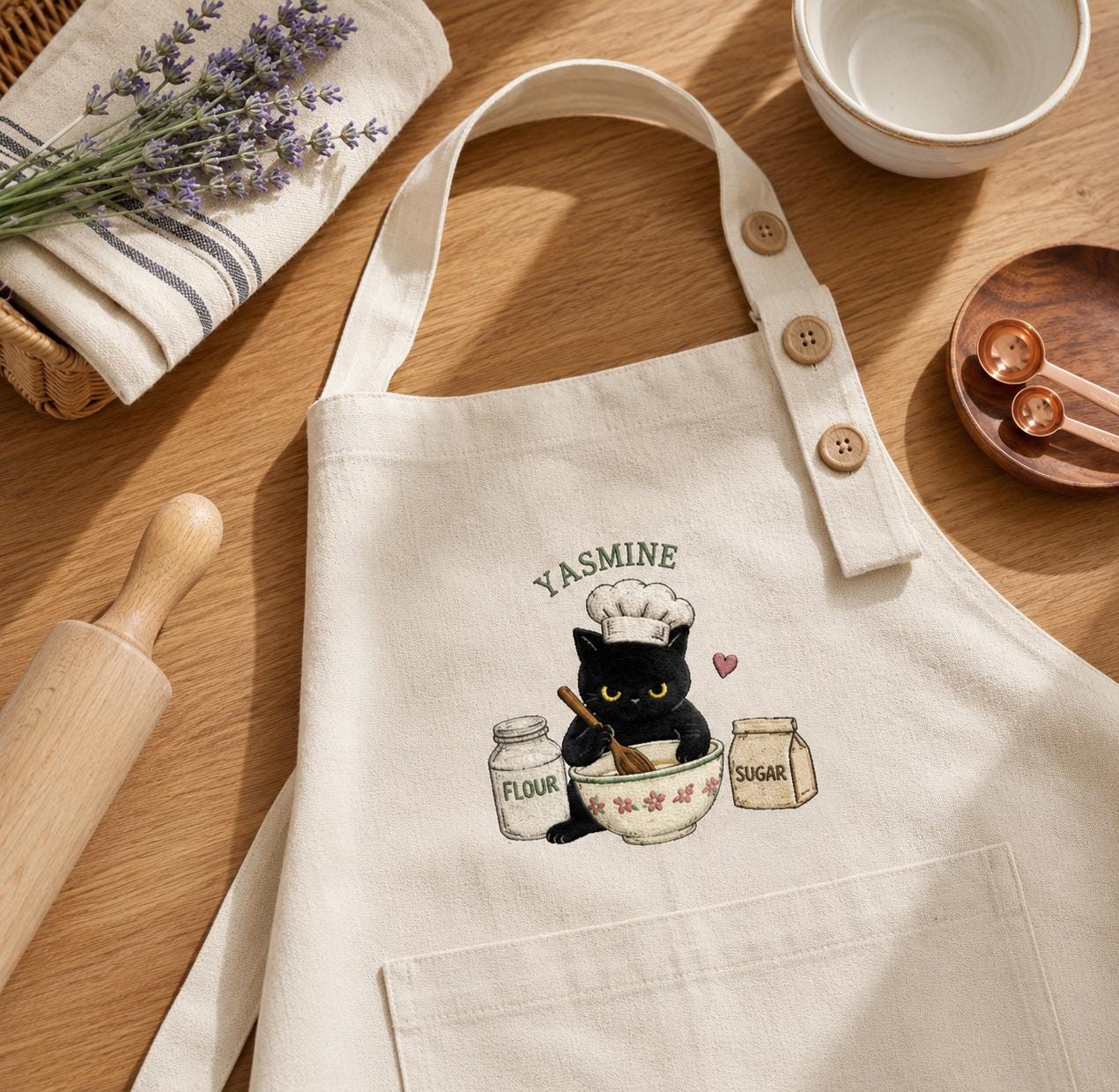 Cute Black Cat Chef Embroidered Linen Apron – Custom Name Baking Gift